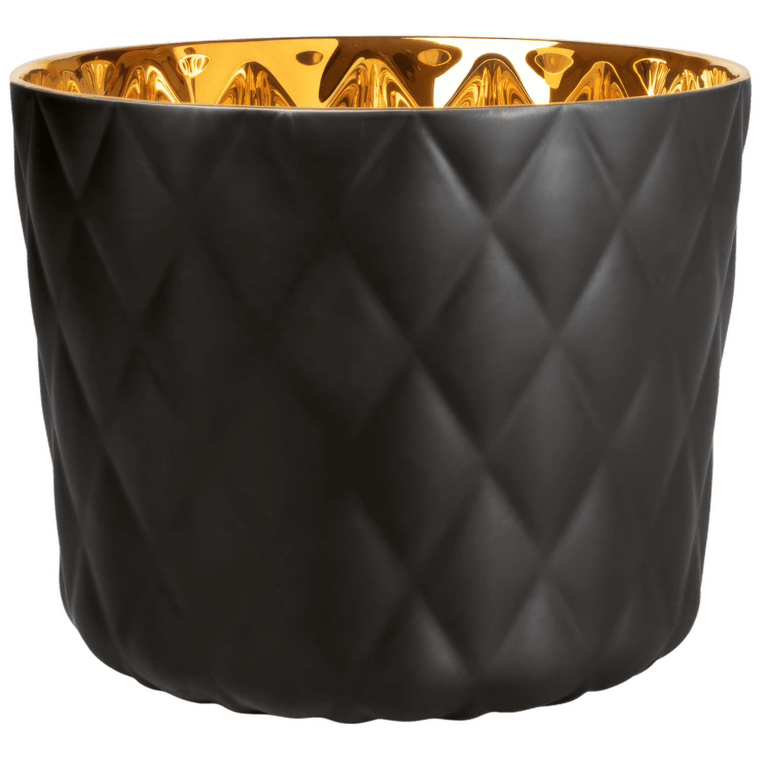Schwarze, diamantgemusterte Vase mit goldenem Innenraum auf weißem Hintergrund. Fürstenberg Porzellan.