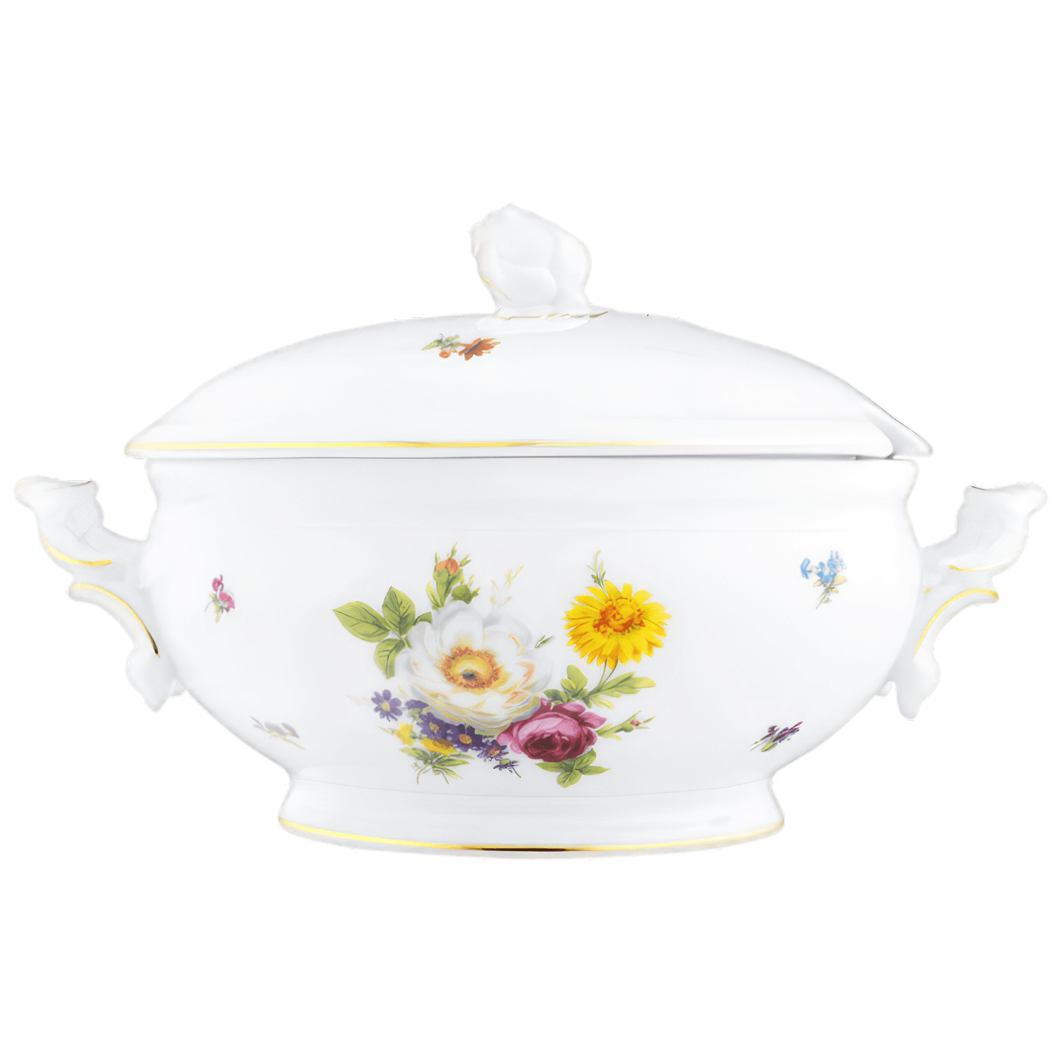 Weiße Porzellansuppenterrine mit buntem Blumendekor und goldener Verzierung. Fürstenberg Porzellan.