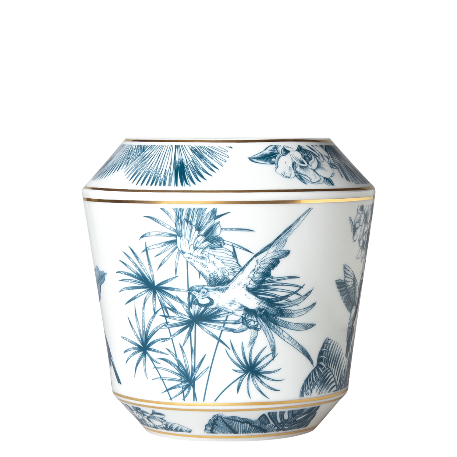 Porzellanvase mit blauem Papagei im Dschungelmotiv, goldene Akzente. Fürstenberg Porzellan.