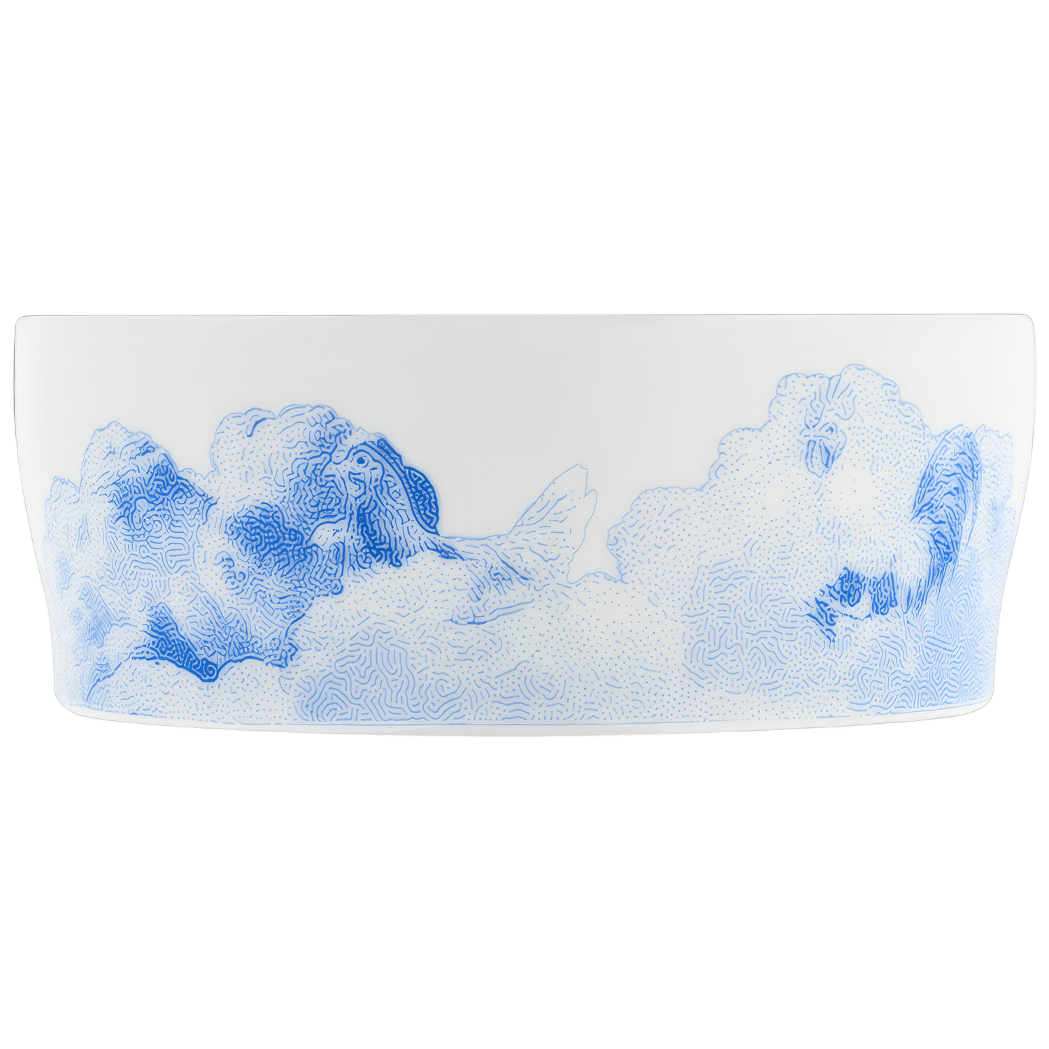 Porzellanschale mit blauer Wolkenillustration, still auf weißem Hintergrund. Fürstenberg Porzellan.