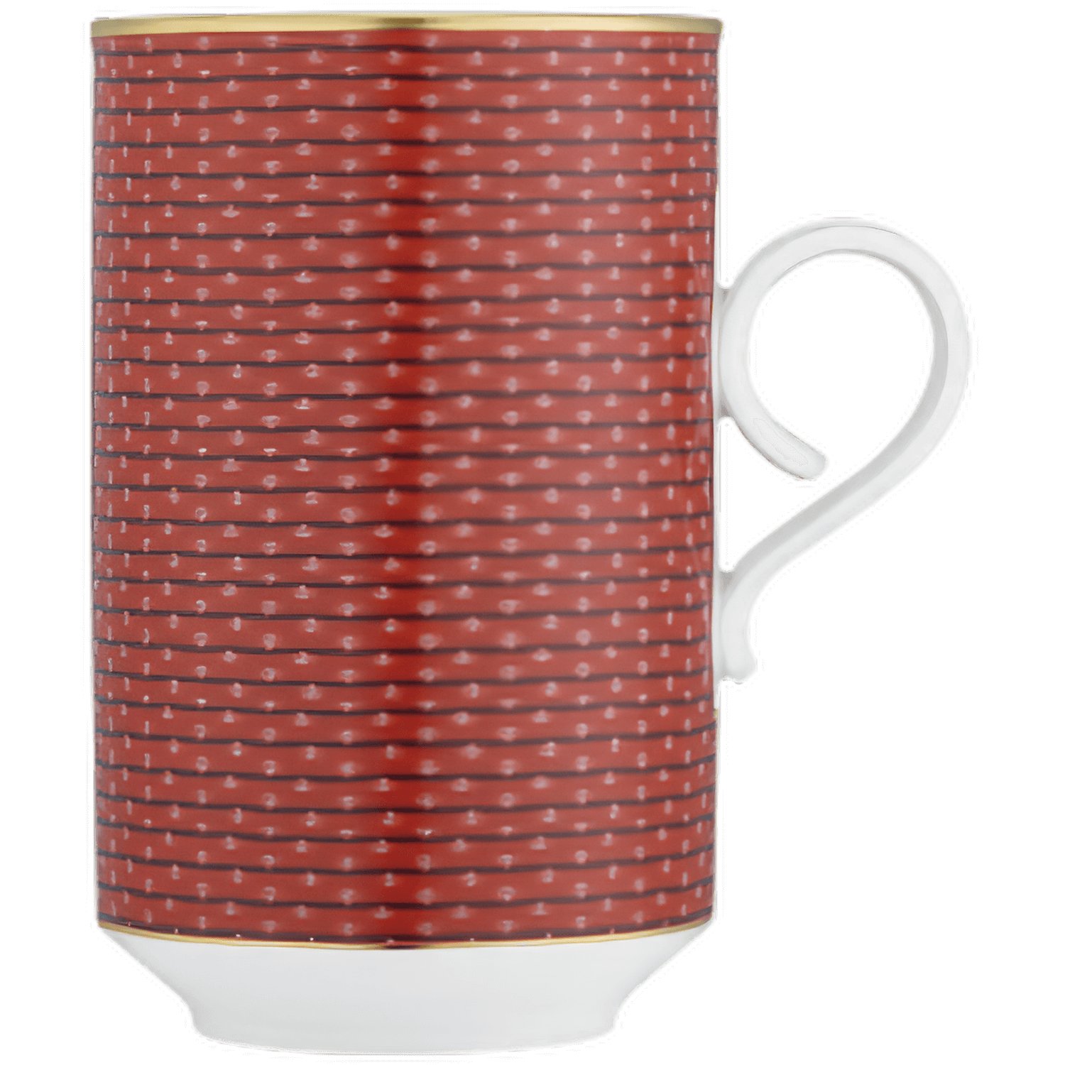 Rote Tasse mit goldenen Rändern, weißem Griff, steht aufrecht. Fürstenberg Porzellan.