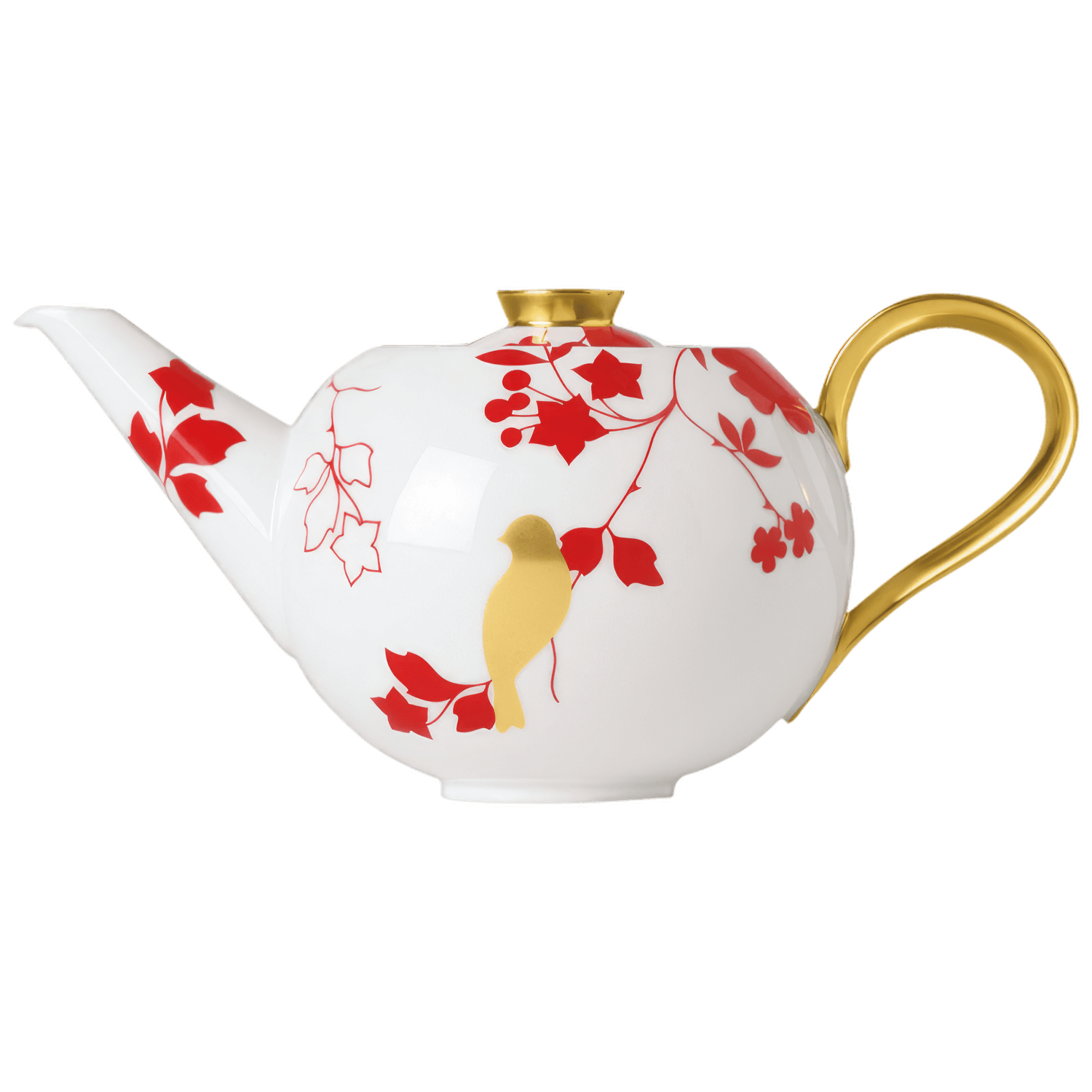 Weiße Teekanne mit roten Blättermotiven und goldenem Henkel. Fürstenberg Porzellan.