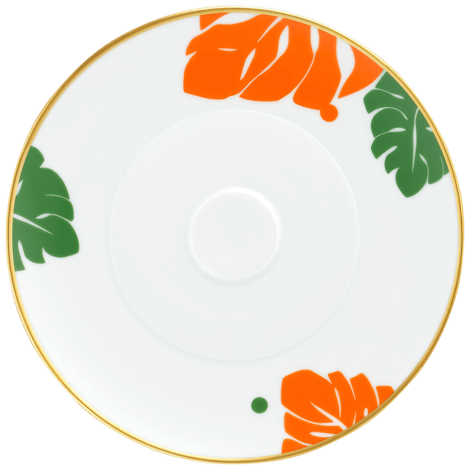 Weiße Untertasse mit grünen und orangefarbigen Monstera-Blättern, goldener Rand. Fürstenberg Porzellan.