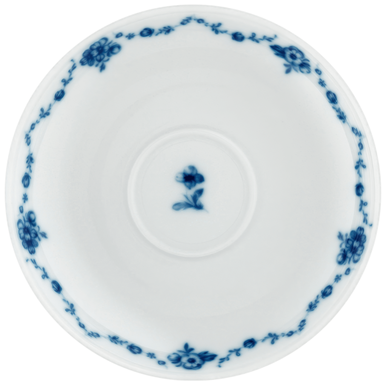 Weiße Untertasse mit blauem Blumenmuster und zentriertem Blumenmotiv. Fürstenberg Porzellan.