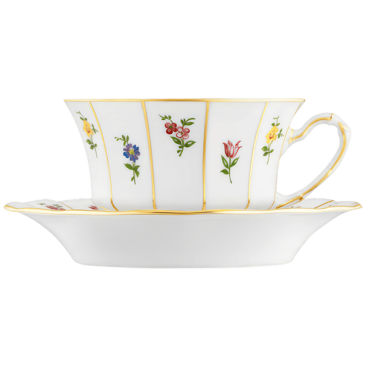 Weiße Tasse mit Blumenmuster und Goldrand, auf passender Untertasse. Fürstenberg Porzellan.