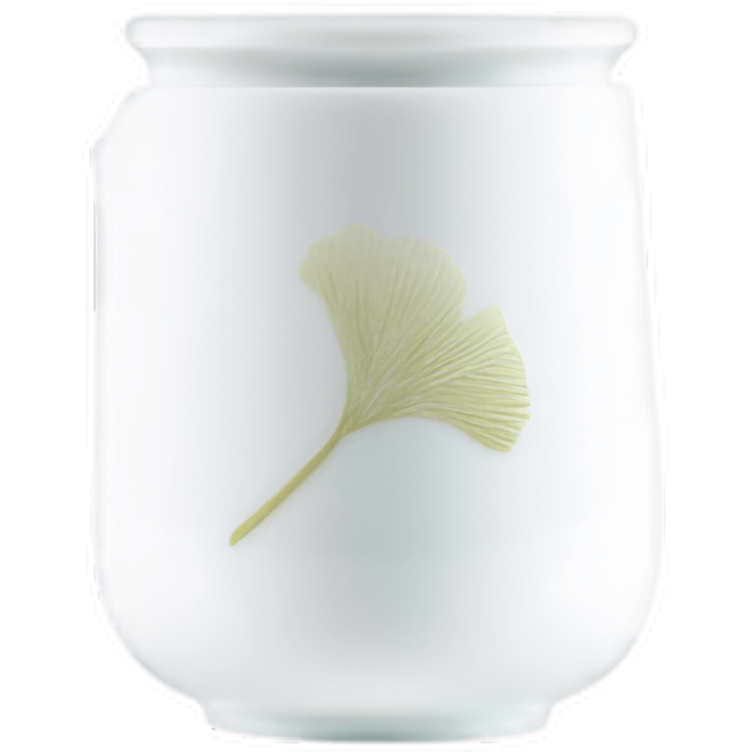 Weiße Porzellandose mit abnehmbarem Deckel, ginkgo-förmiges Dekor. Fürstenberg Porzellan.
