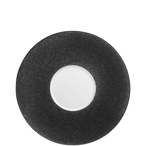 Schwarzer Teller mit weißem Innenbereich, minimalistisch gestaltet, von oben betrachtet. Fürstenberg Porzellan.