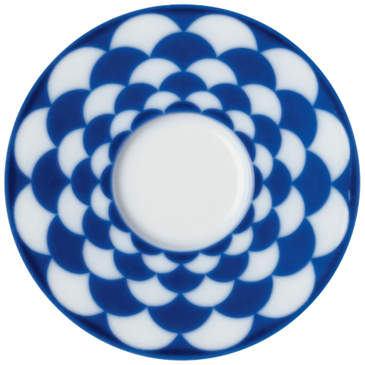 Teller mit blau-weißem, kreisförmigem Muster, zeigt dynamisches Design. Fürstenberg Porzellan.