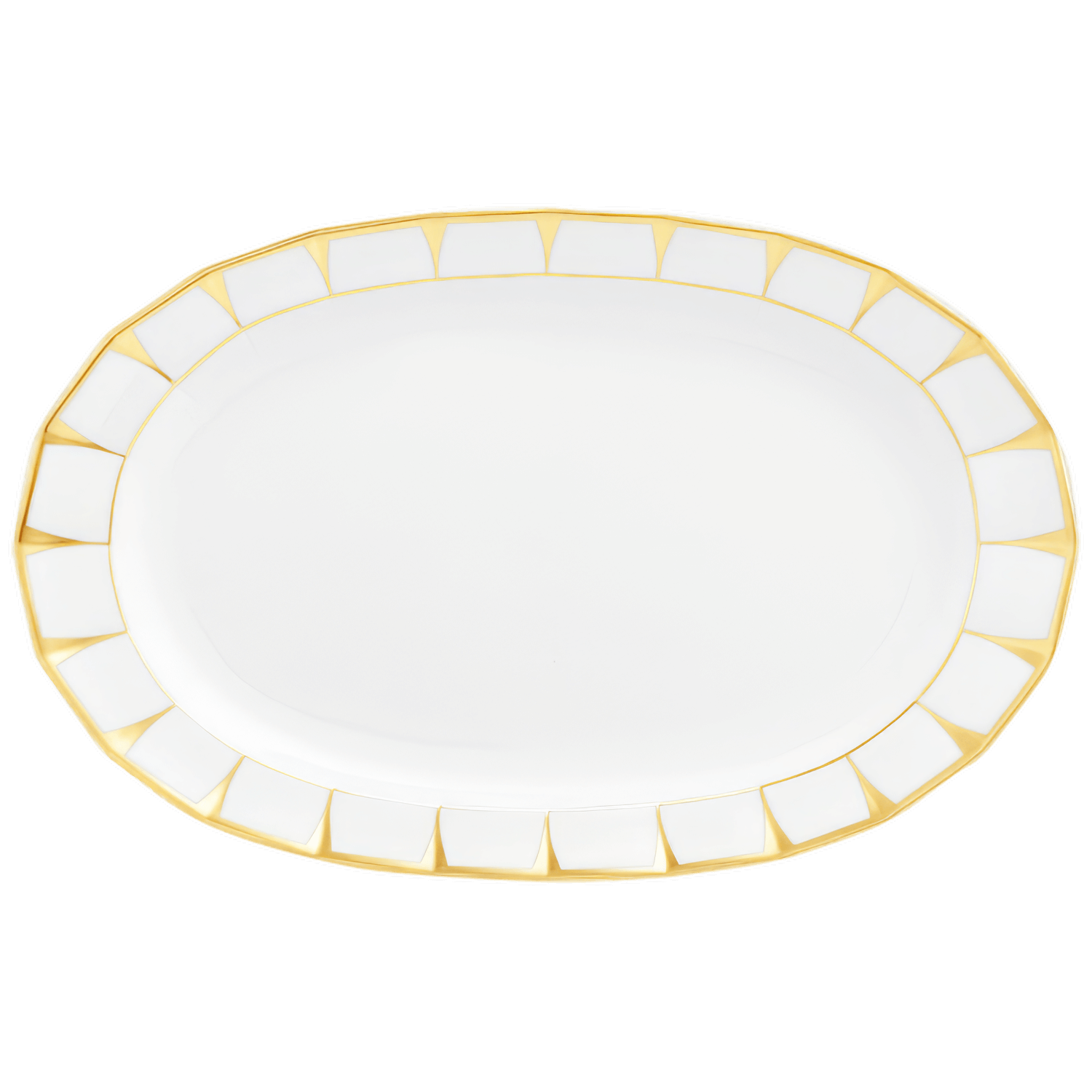 Ovaler Porzellanteller mit goldener, geometrischer Randverzierung. Fürstenberg Porzellan.
