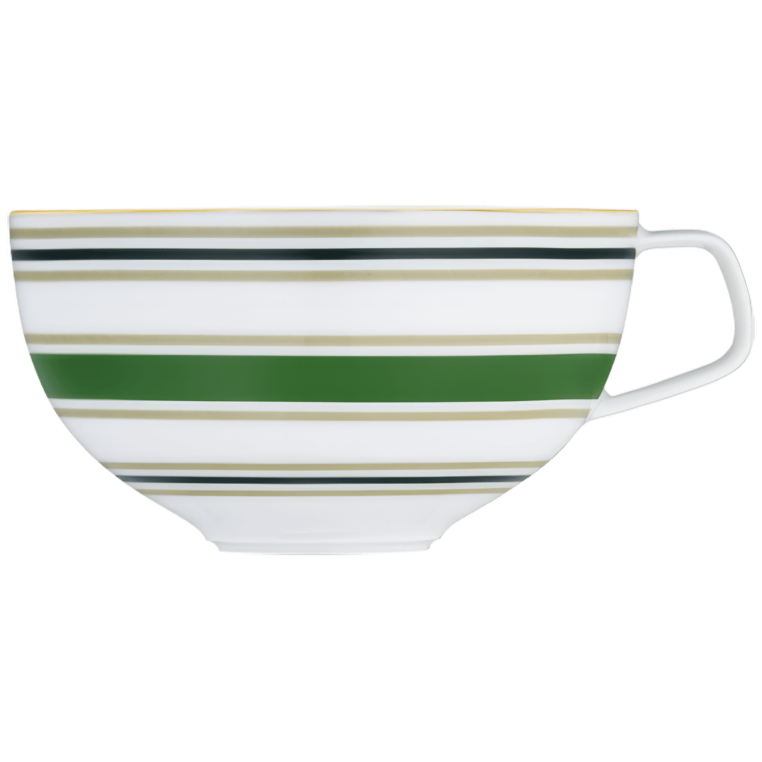 Weiße Teetasse mit grünen und goldenen Streifenmuster auf weißem Hintergrund. Fürstenberg Porzellan.