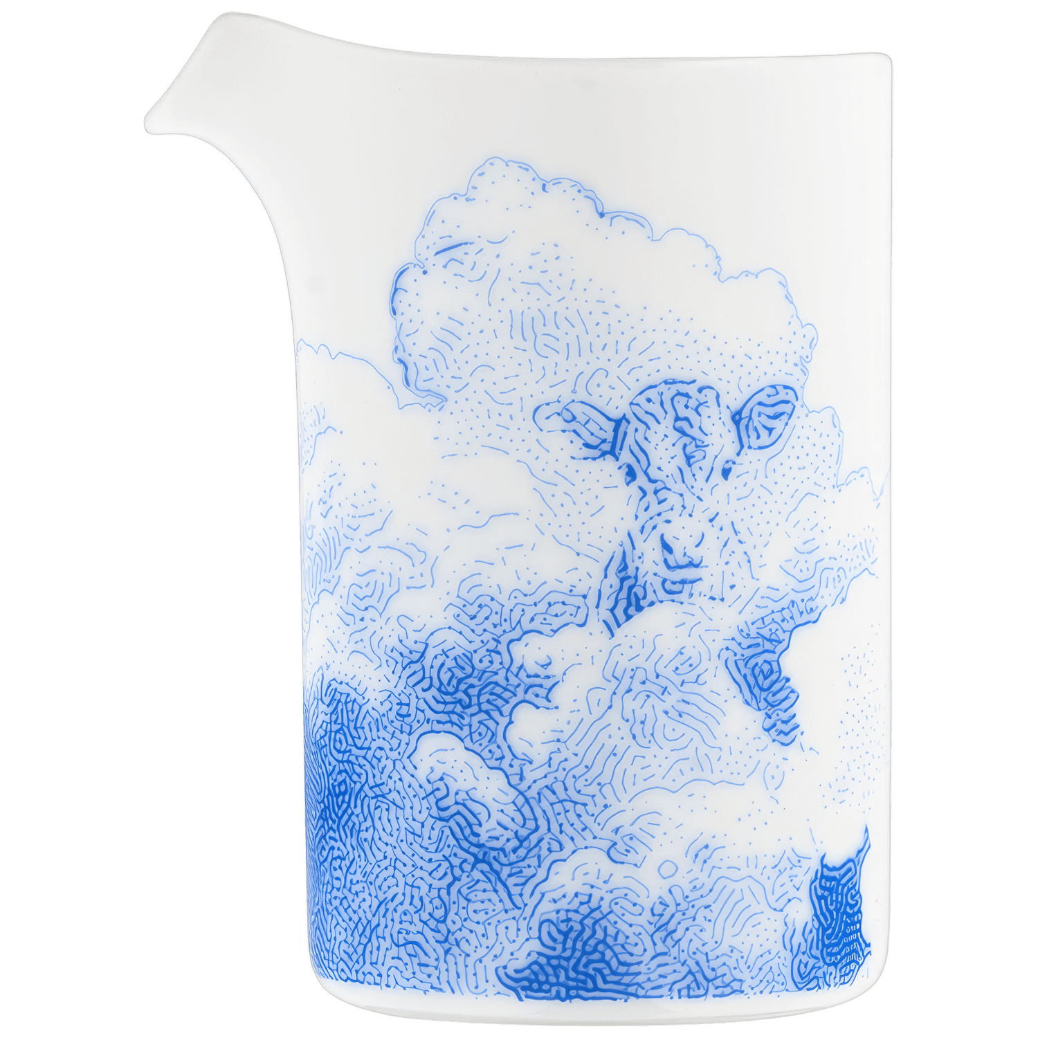 Weiße Porzellan-Kanne mit blauem Wolken- und Schafdesign, ohne sichtbaren Text. Fürstenberg Porzellan.