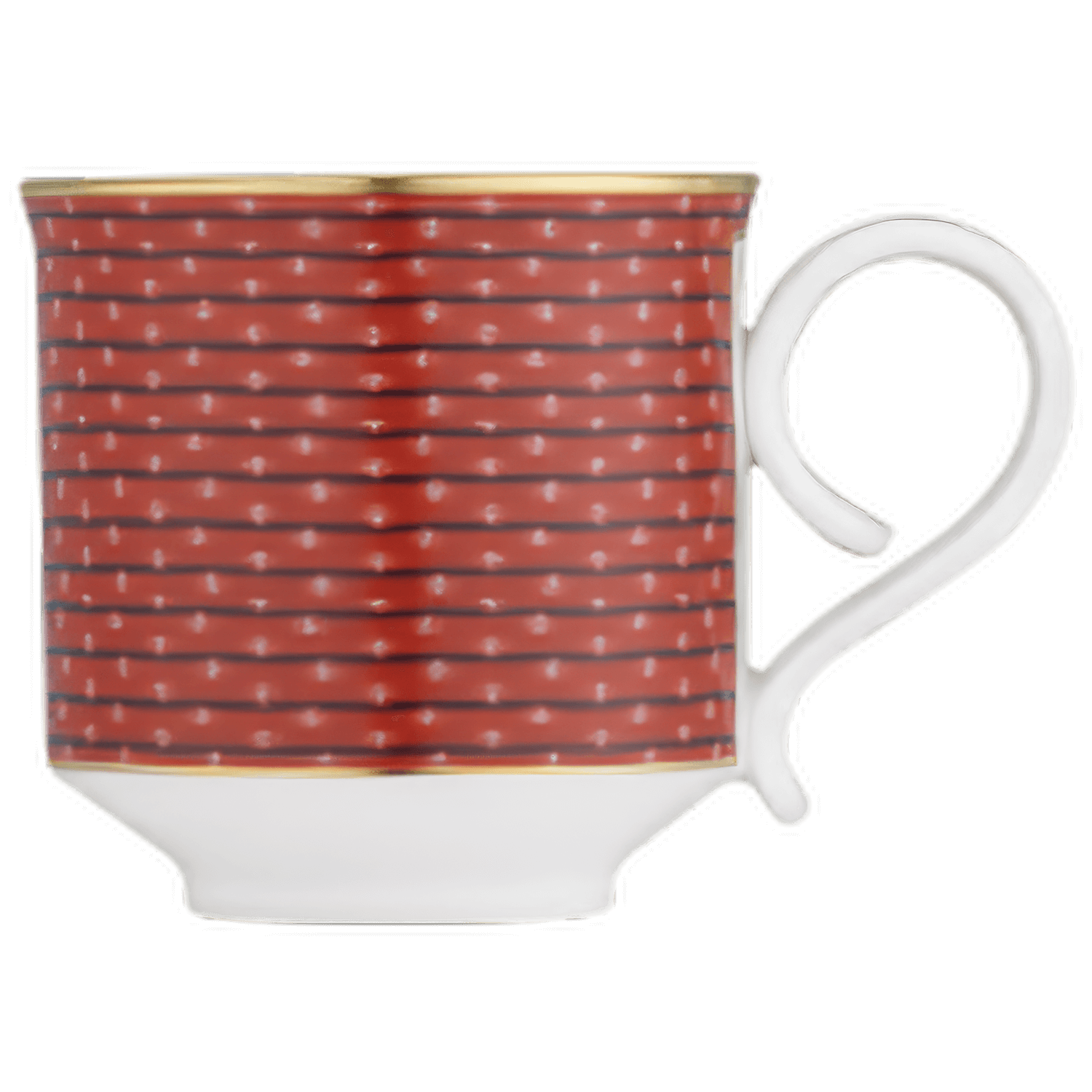 Rote Kaffeetasse mit goldener Verzierung und elegantem Henkel vor schwarzem Hintergrund. Fürstenberg Porzellan.