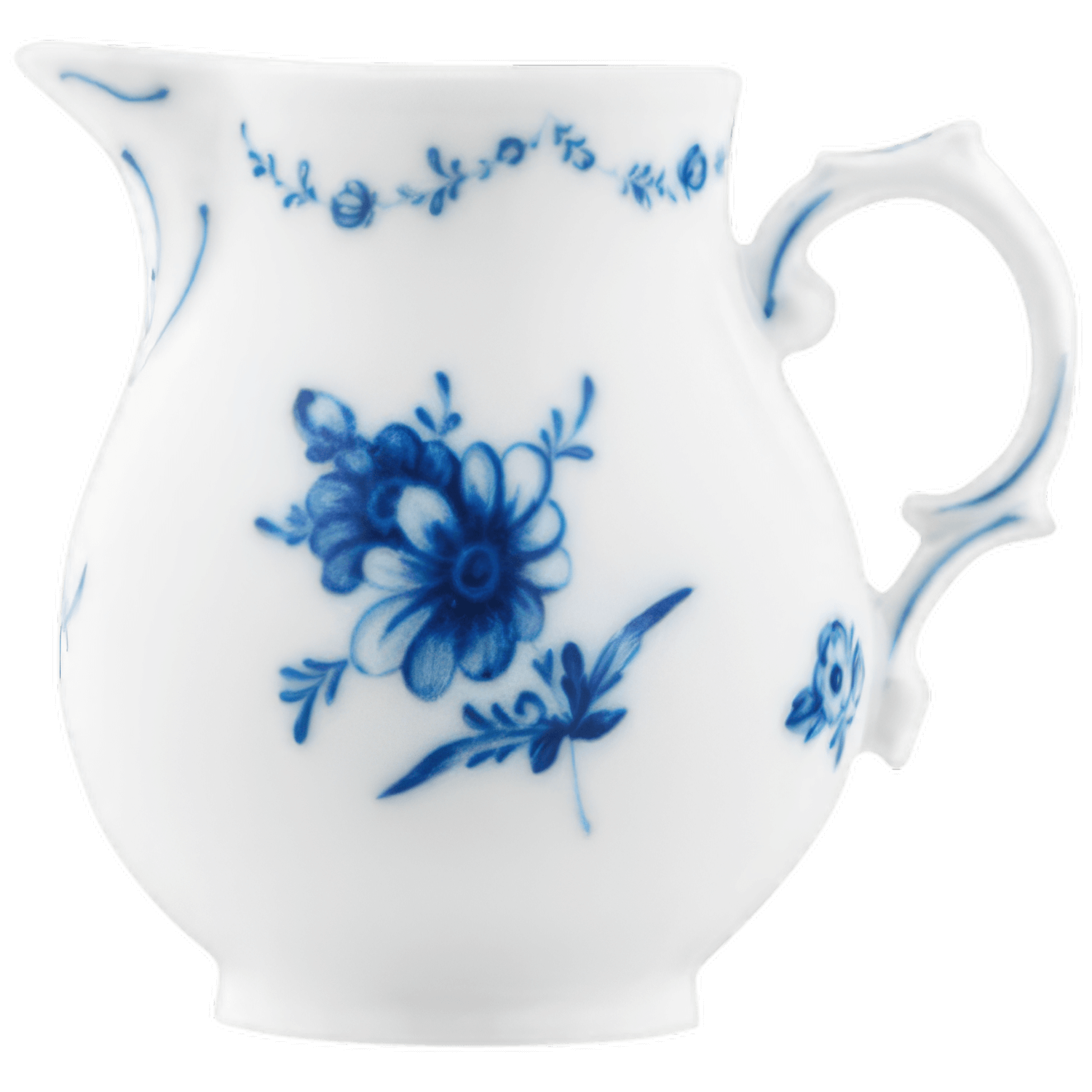 Weiße Porzellankanne mit blauem Blumenmuster, elegant geschwungener Griff, dekoriert. Fürstenberg Porzellan.