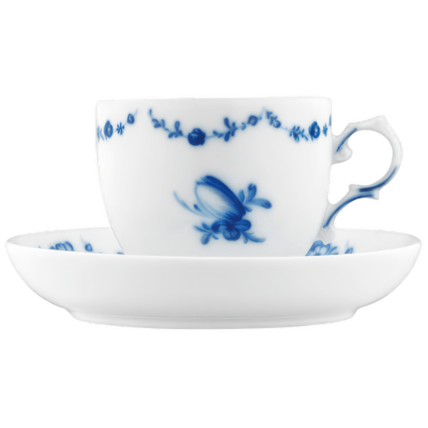 Weiße Espressotasse mit blauem floralem Muster auf passender Untertasse. Fürstenberg Porzellan.