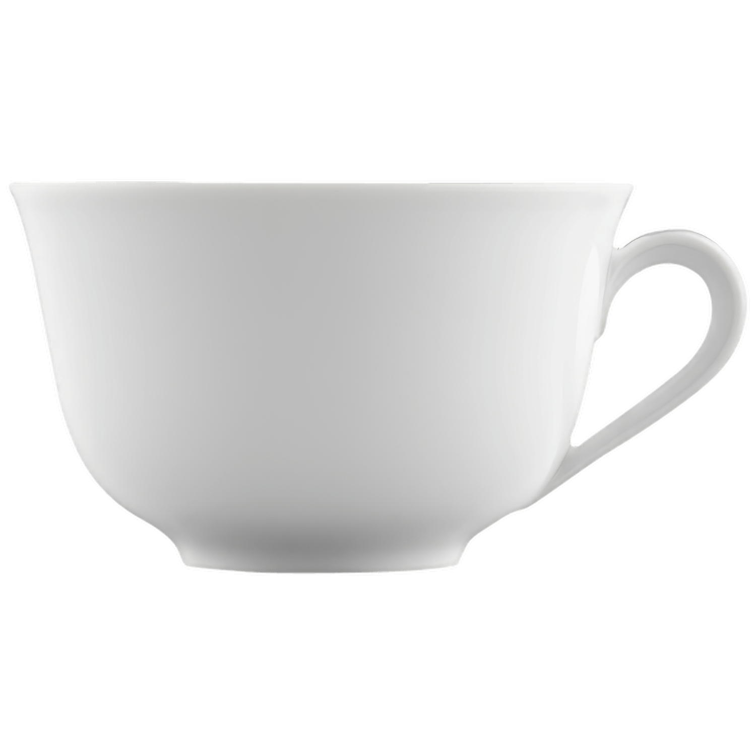 Weiße Teetasse mit Henkel, steht aufrecht, vor neutralem Hintergrund. Fürstenberg Porzellan.