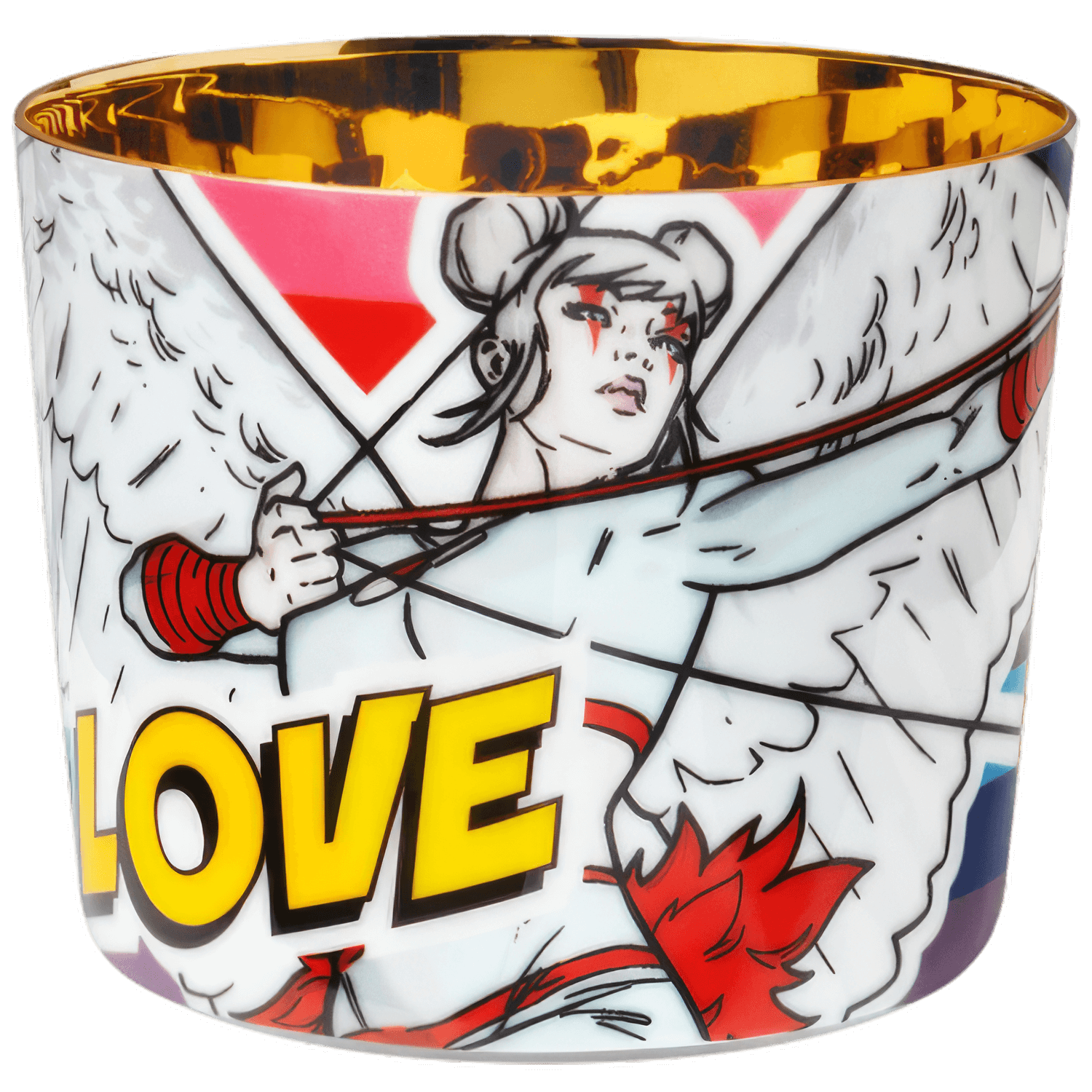 Kerze mit goldener Innenseite, zeigt Engel mit Bogen und Wort "LOVE". Fürstenberg Porzellan.