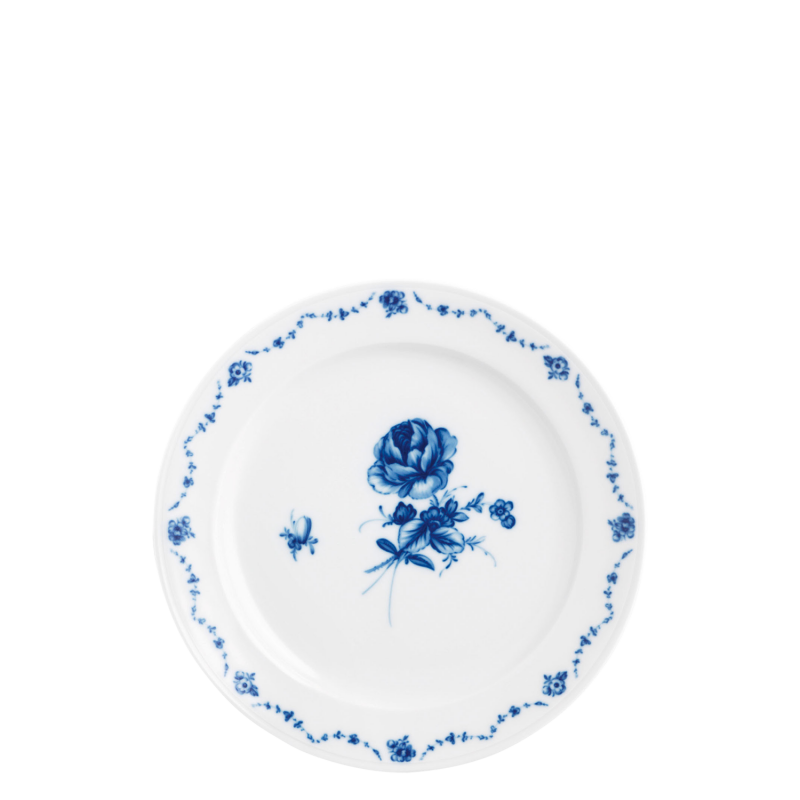 Weißer Teller mit blauer Blumenmalerei, umlaufender zarter Blumenrand, classic Kollektion. Fürstenberg Porzellan.