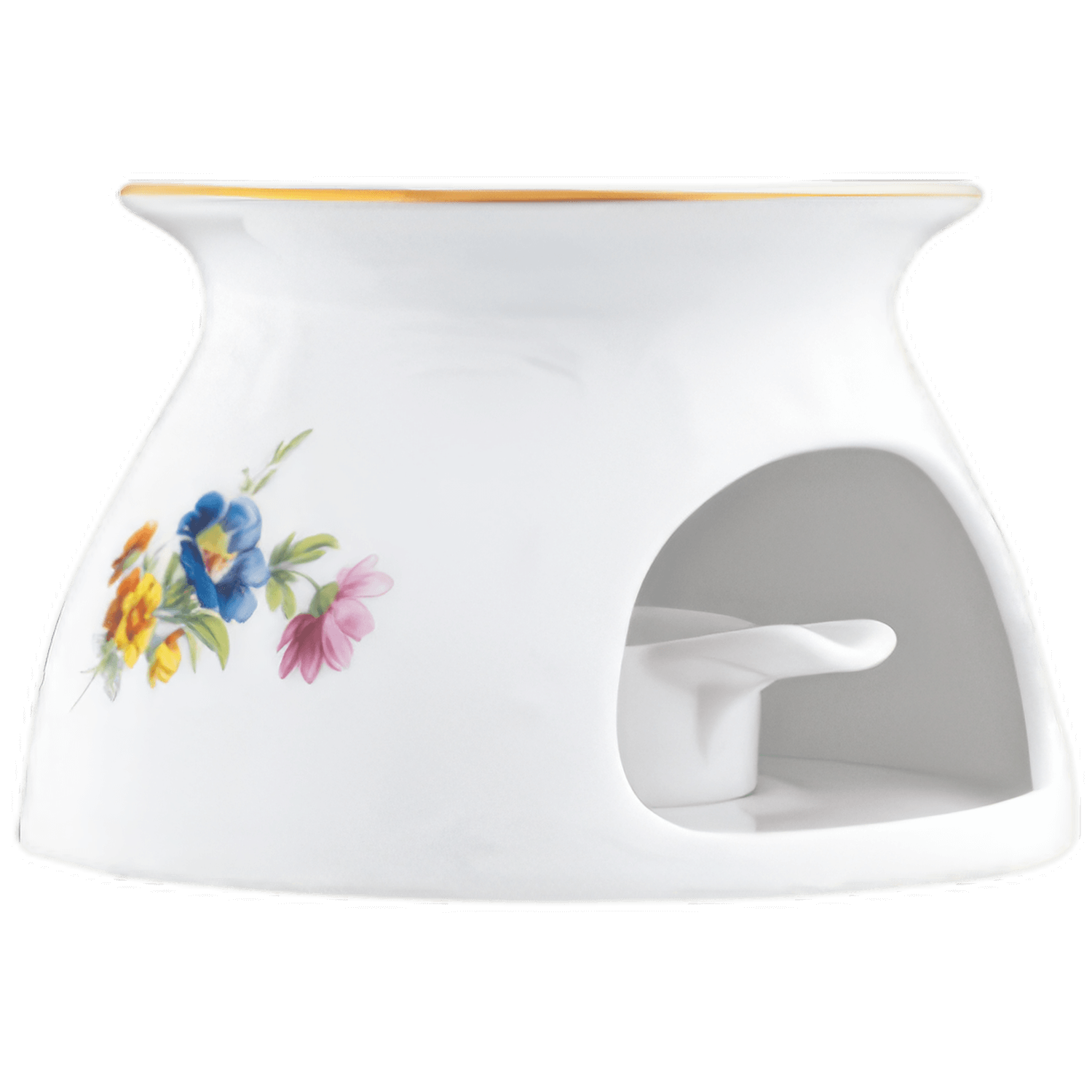 Weiße Porzellan-Stövchen mit Blumenmotiv, seitliche Öffnung, auf weißem Hintergrund. Fürstenberg Porzellan.