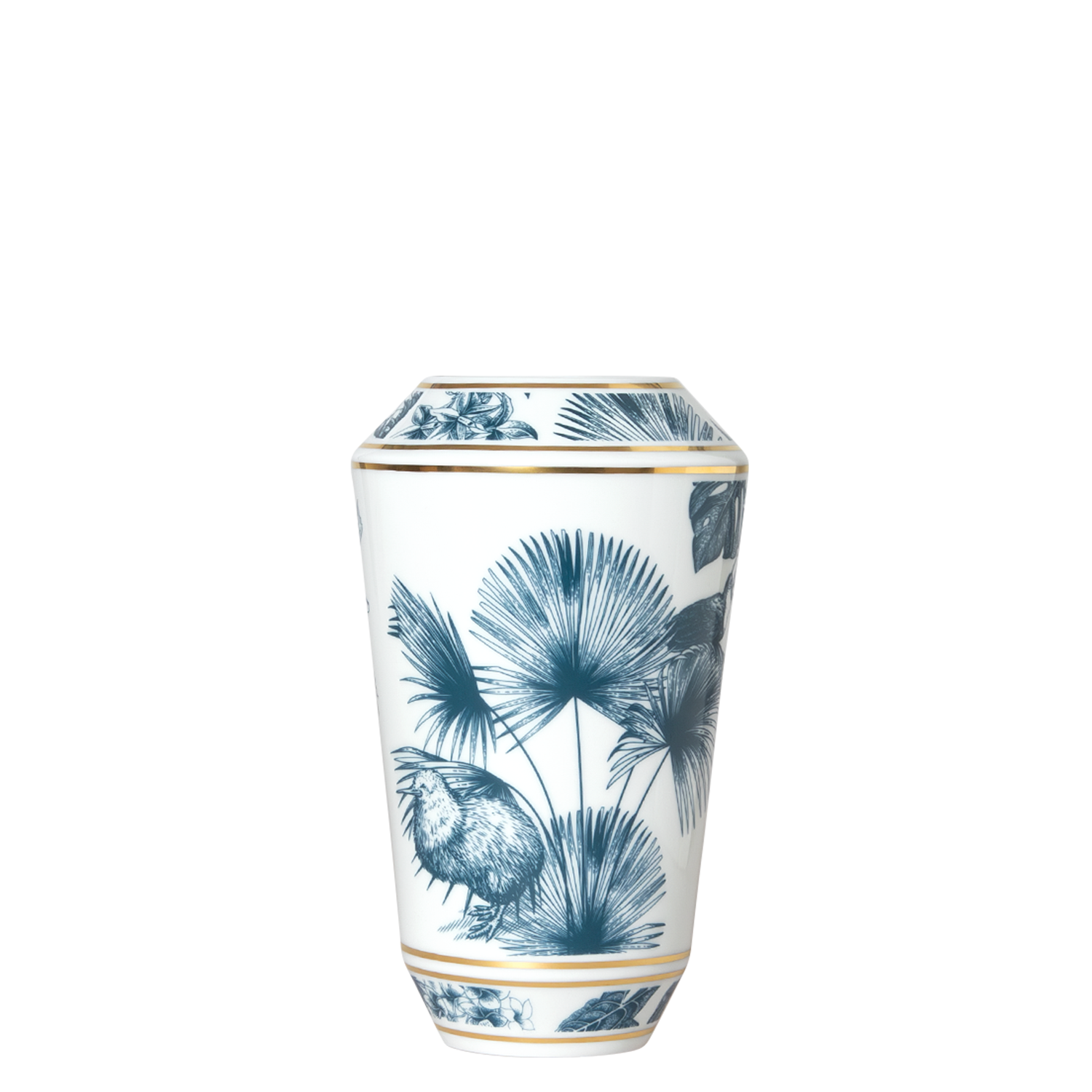 Weiße Porzellanvase mit blauen Pflanzenmotiven und Goldrändern. Fürstenberg Porzellan.