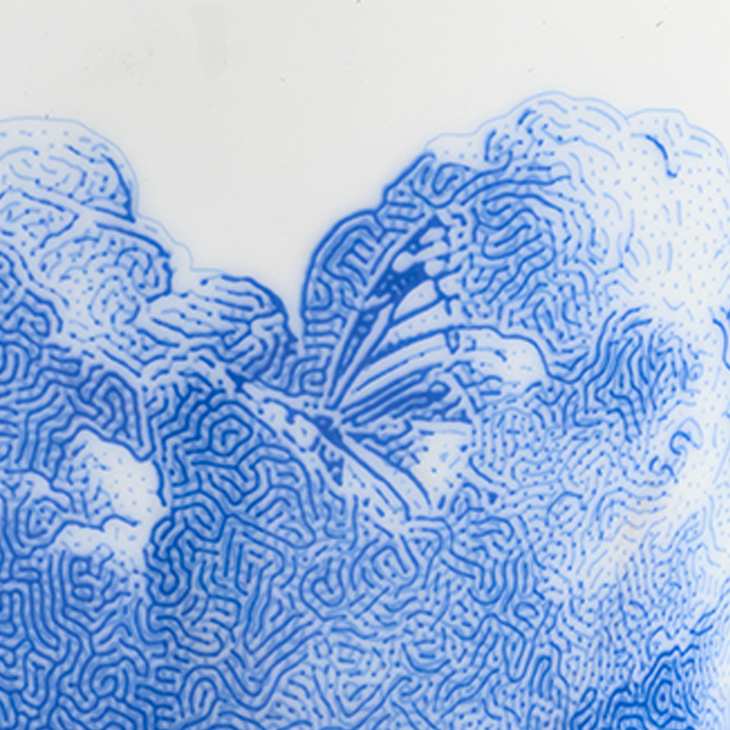 Blau-weiße, komplexe Linienmuster auf Porzellanoberfläche, detailreich gestaltet. Fürstenberg Porzellan.