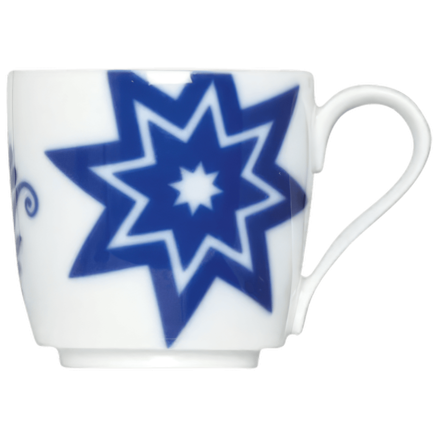 Weiße Tasse mit dunkelblauen, gestapelten Sternmotiven, Seitenansicht. Fürstenberg Porzellan.