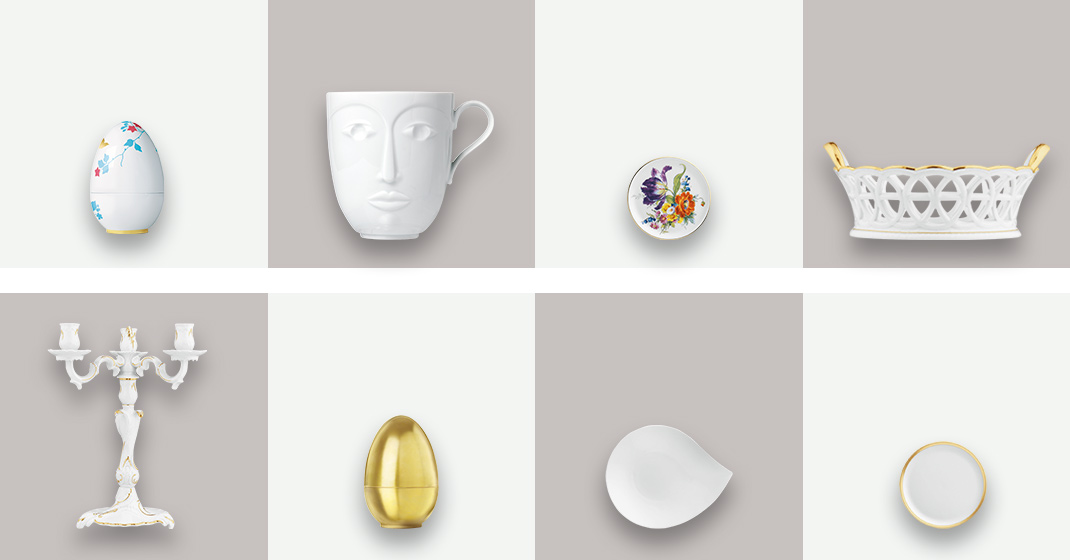 Acht Porzellanobjekte dargestellt, darunter Tasse, Eier, Kerzenständer, Schale. Fürstenberg Porzellan.
