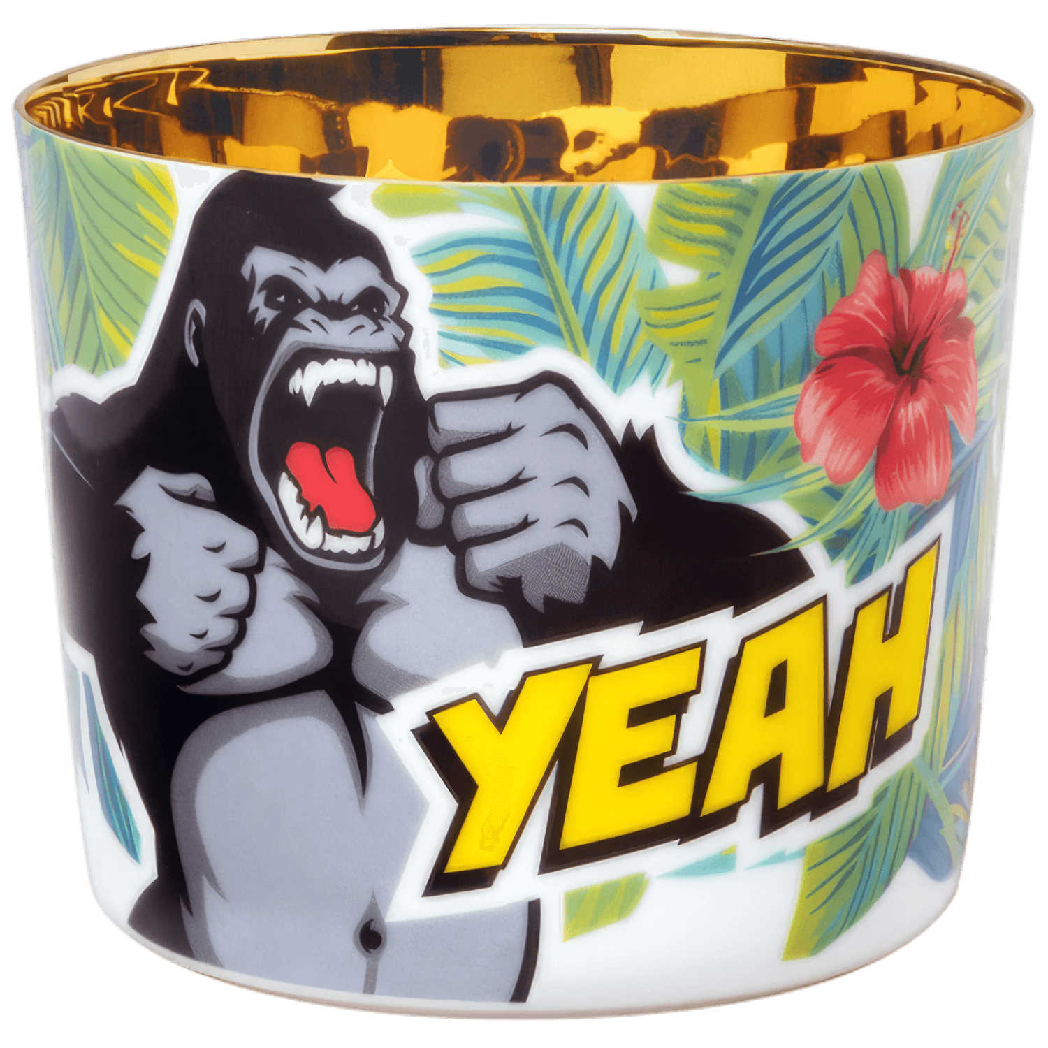 Becher mit Gorilla-Motiv, gelbem "YEAH"-Text, tropischen Blättern und Blume dekoriert. Fürstenberg Porzellan.