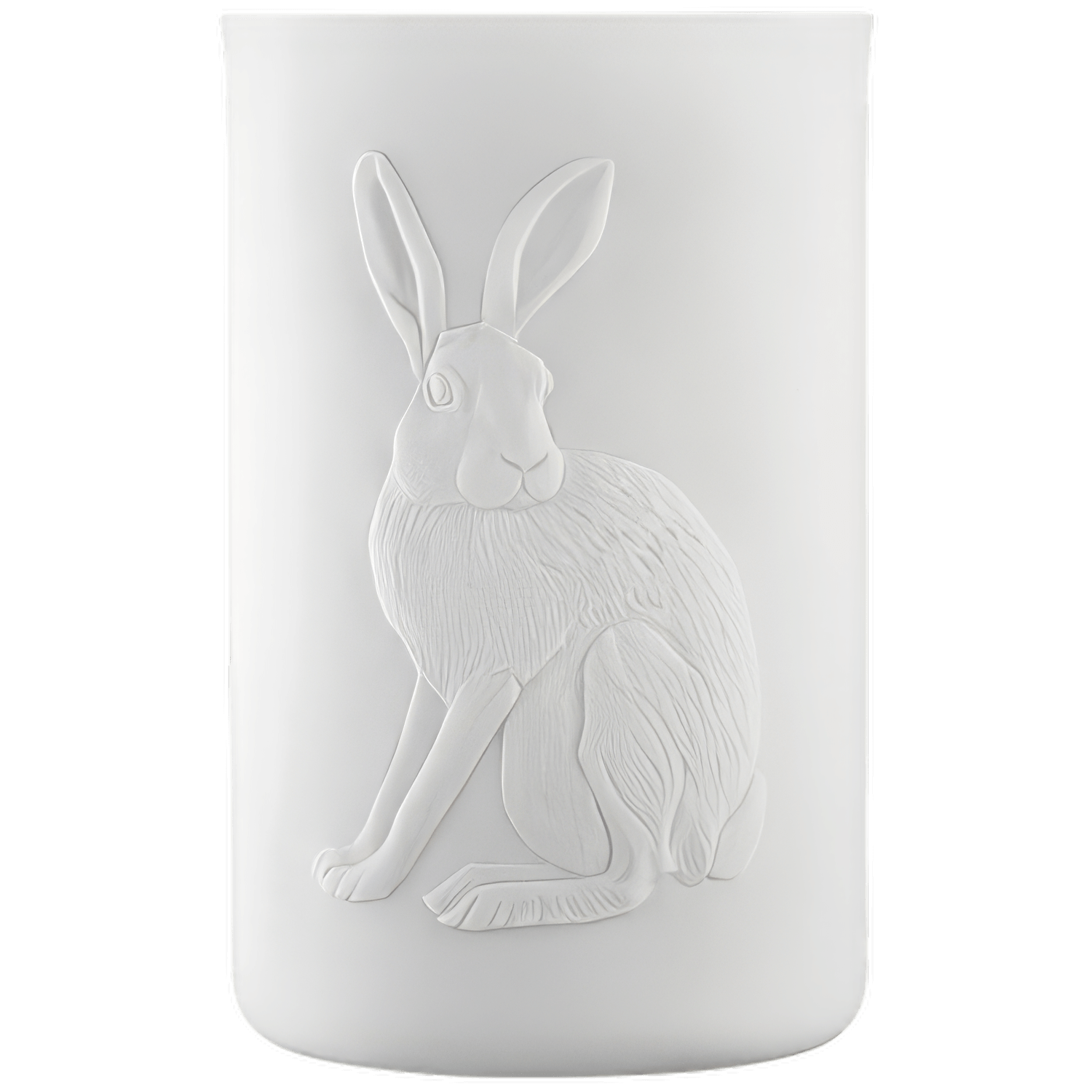 Weiße Porzellanvase mit sitzendem Hasenrelief, dekorativ und schlicht. Fürstenberg Porzellan.