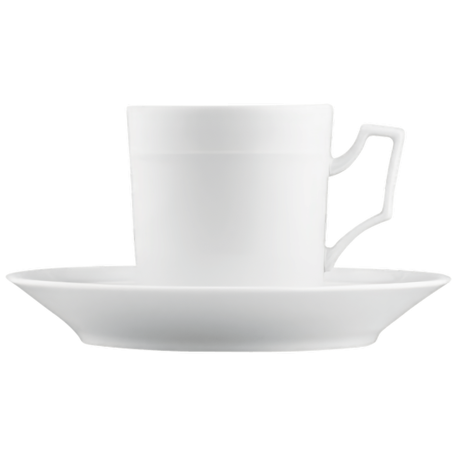 Weiße Porzellantasse auf Untertasse, minimalistisch und elegant, vor weißem Hintergrund. Fürstenberg Porzellan.