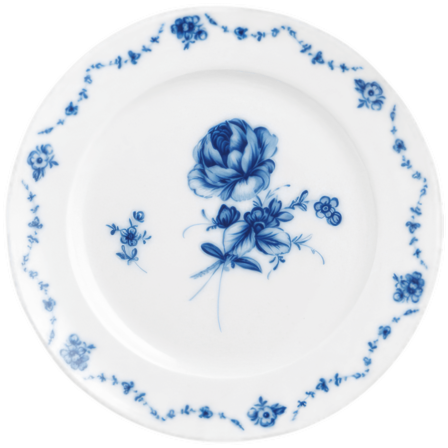 Weißer Teller mit blauer Rosenbemalung, kunstvoller Randgestaltung. Fürstenberg Porzellan.