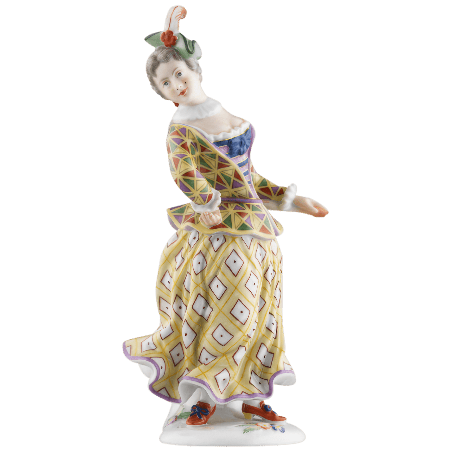 Porzellanfigur einer Frau, tanzend, bunt gekleidete Harlekin-Kostüm. Fürstenberg Porzellan.