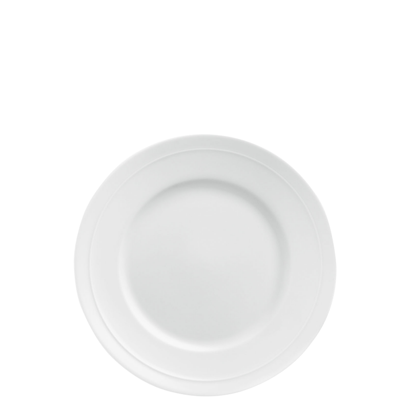 Weißer, runder Porzellanteller mit schlichtem Design; zentral platziert. Fürstenberg Porzellan.