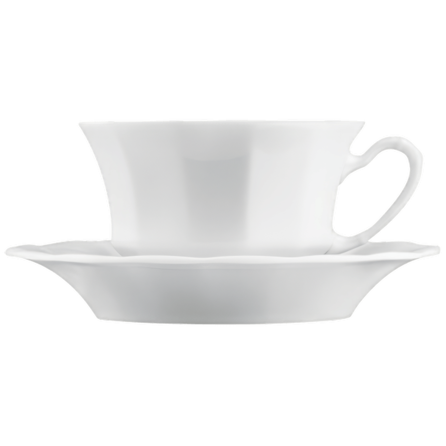 Weiße, verzierte Porzellantasse mit Untertasse, steht in einer schlichten Umgebung. Fürstenberg Porzellan.