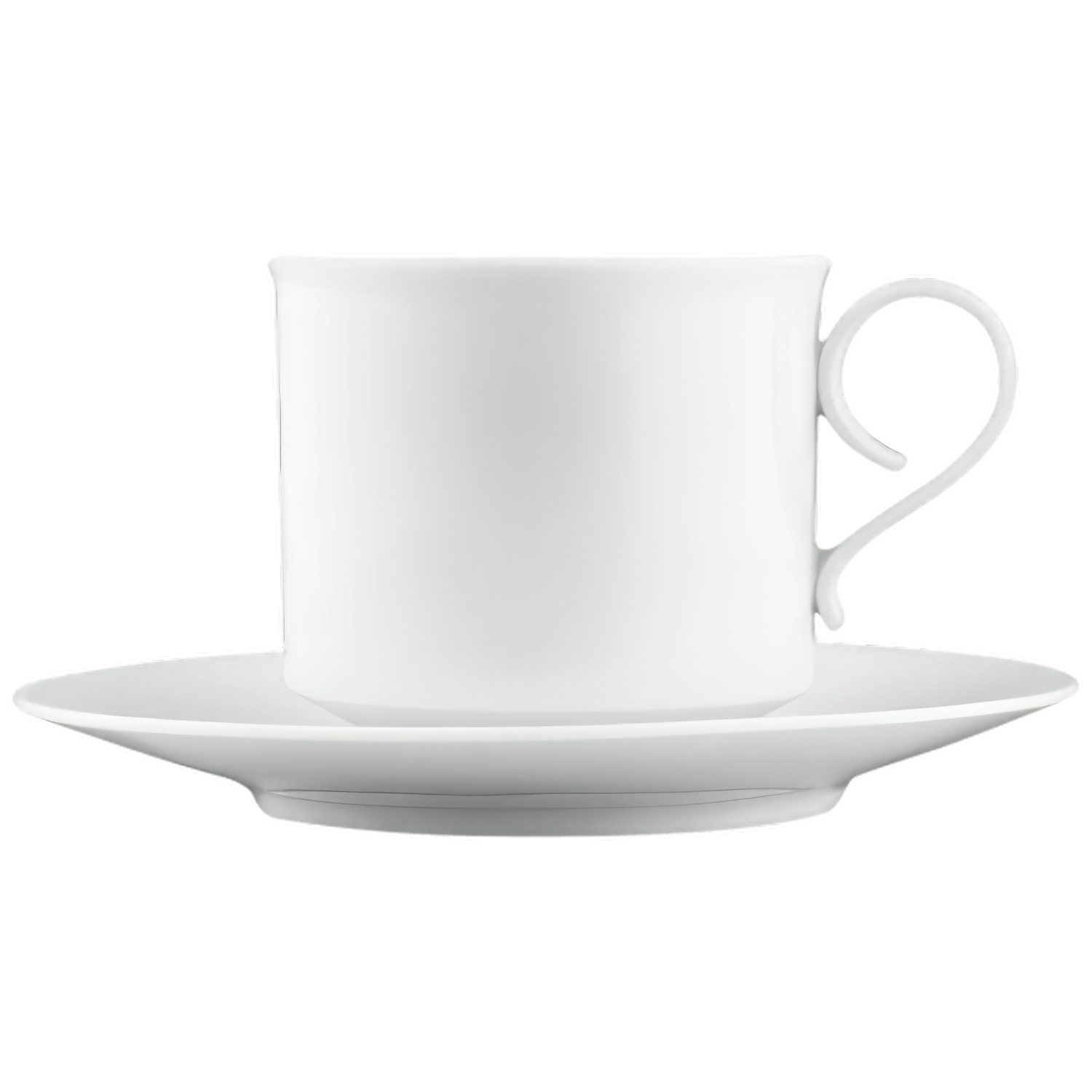 Weiße Teetasse mit Untertasse, elegant geschwungener Henkel. Fürstenberg Porzellan.
