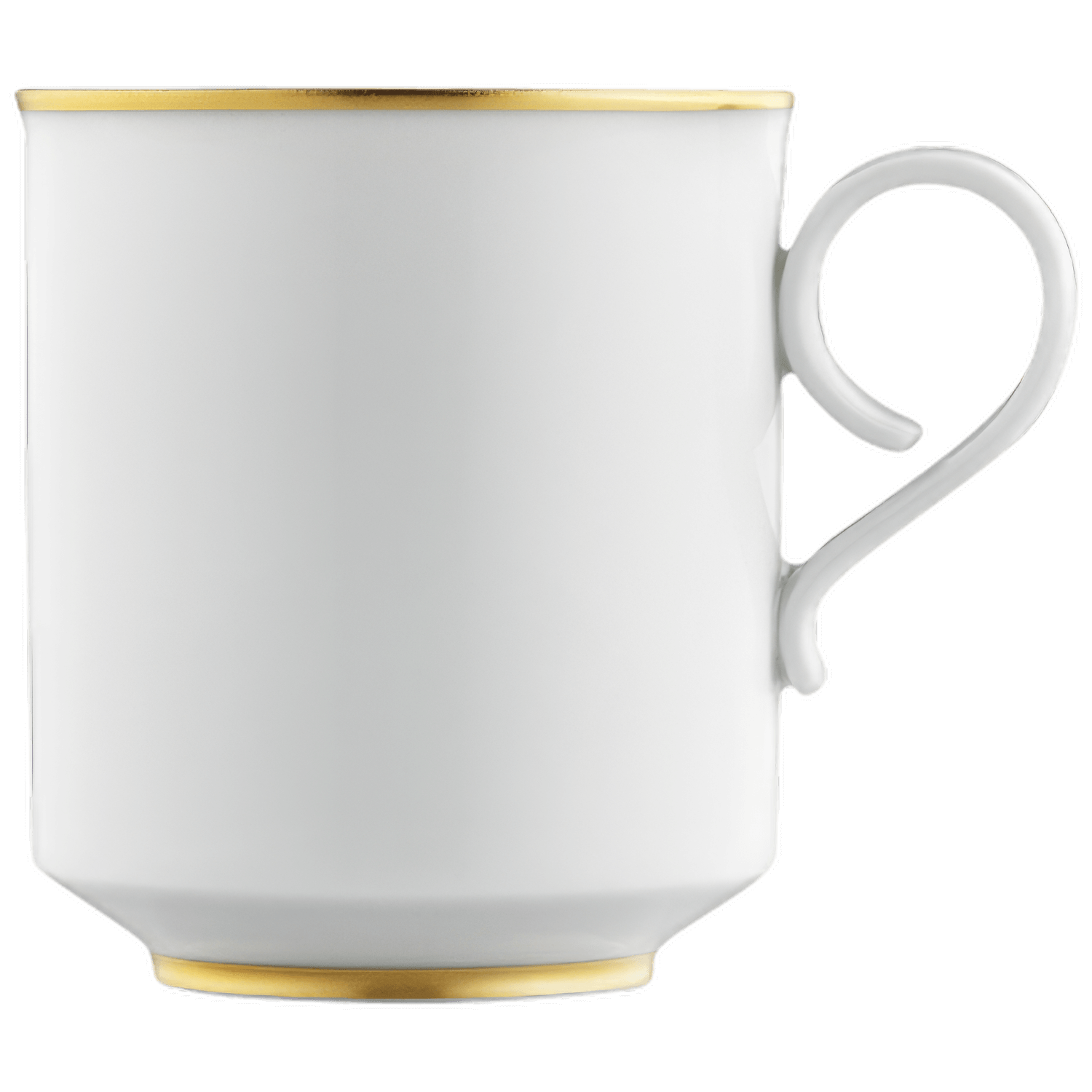 Weiße Tasse mit goldener Kante steht vor weißem Hintergrund. Fürstenberg Porzellan.