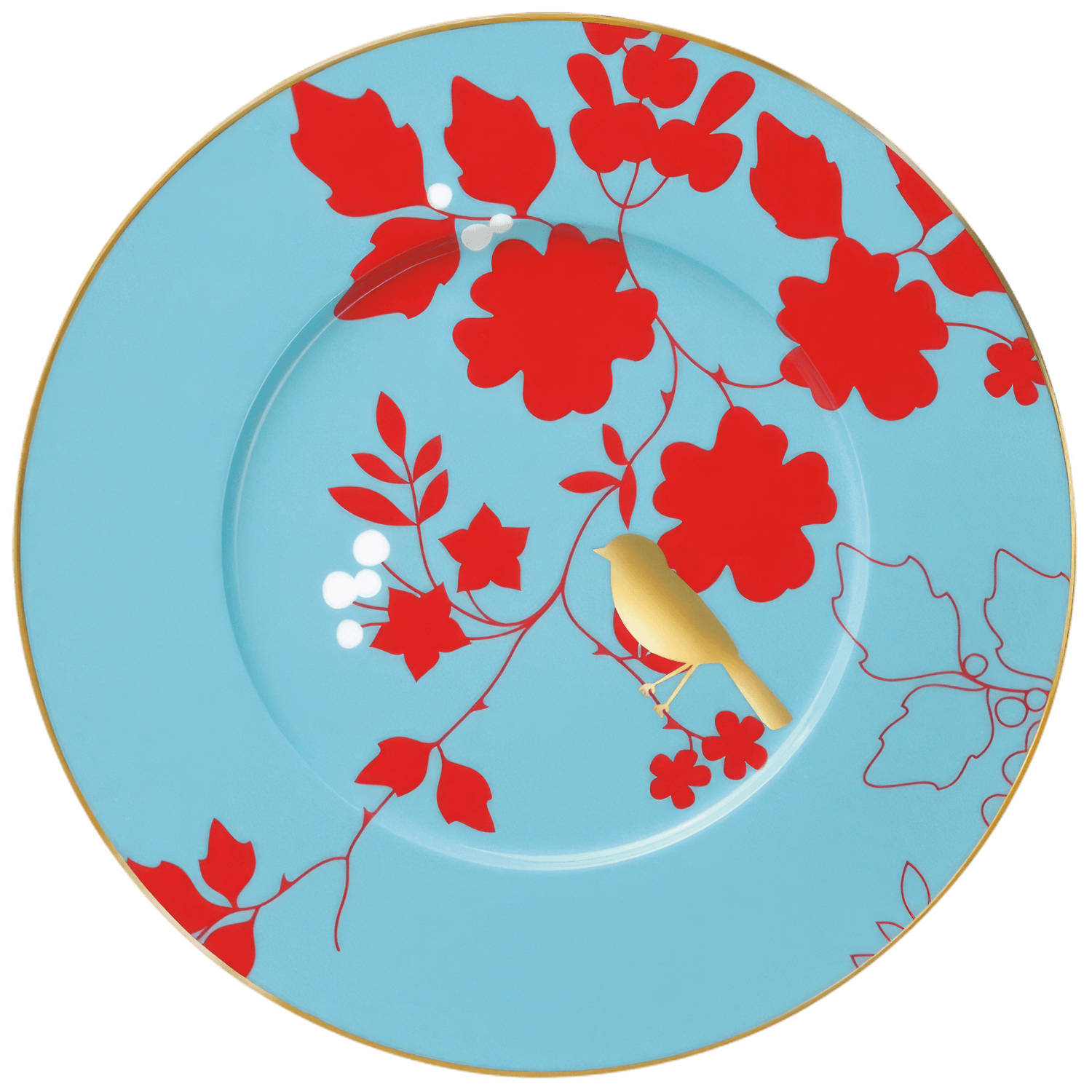 Türkisfarbener Teller mit roten Blumen und goldenem Vogel auf blauer Oberfläche. Fürstenberg Porzellan.