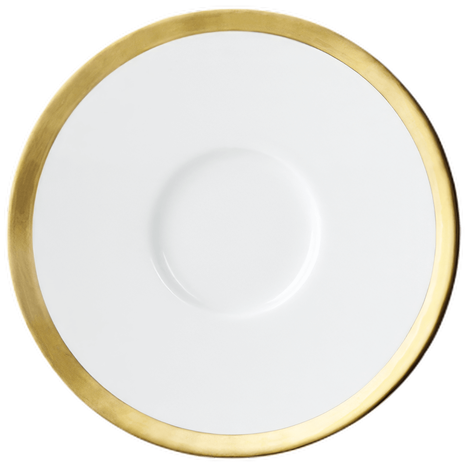Weiße Porzellanuntertasse mit breitem, goldenen Rand auf weißem Hintergrund. Fürstenberg Porzellan.