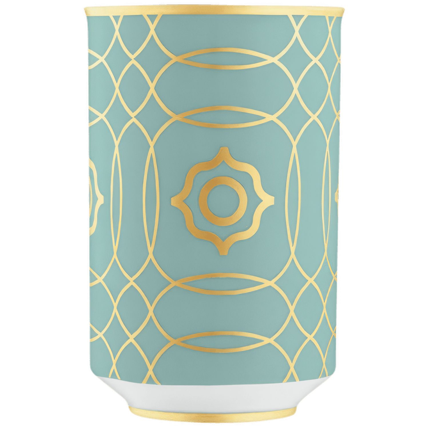 Becher mit goldenen geometrischen Mustern auf hellblauem Grund. Fürstenberg Porzellan.