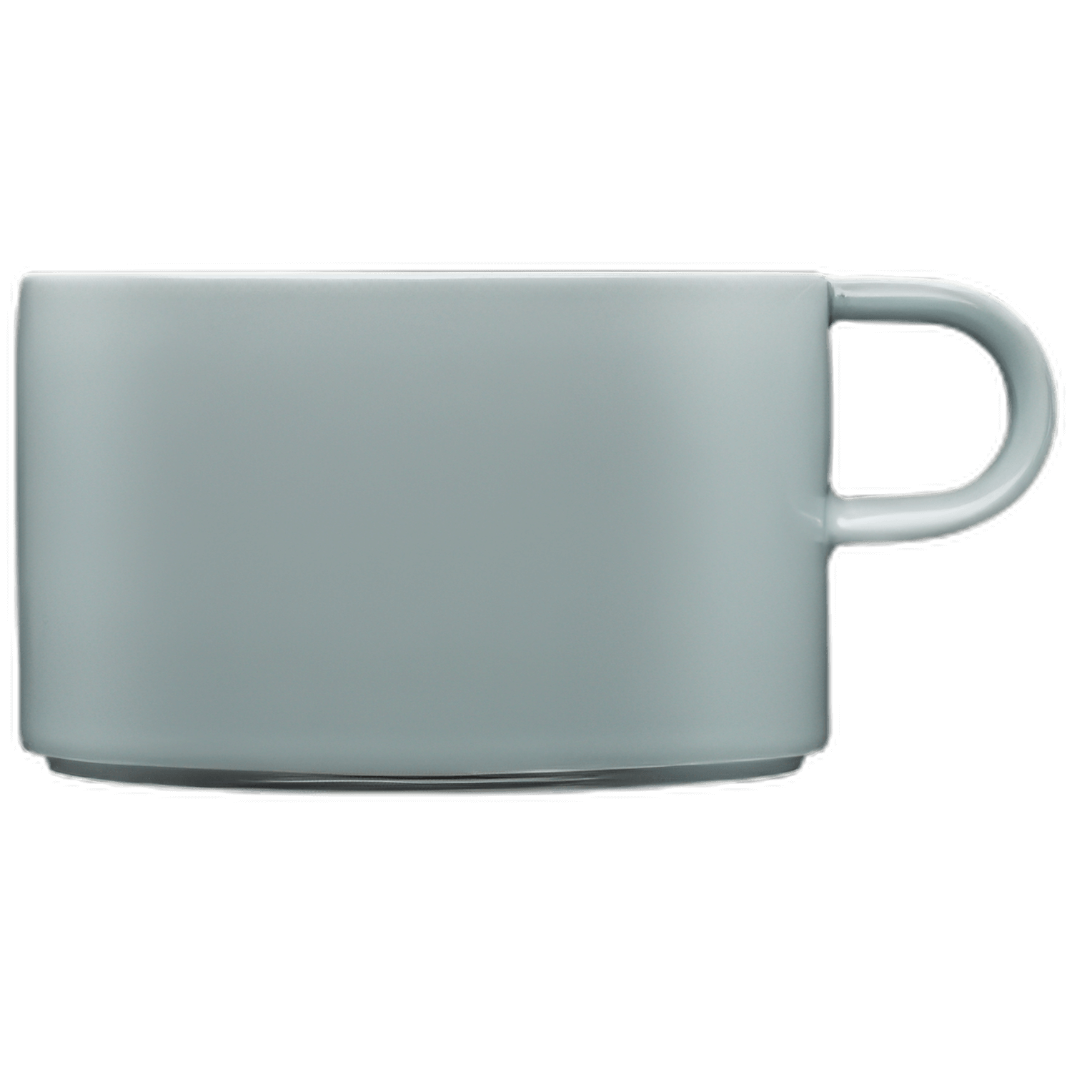 Graue Tasse mit Henkel steht auf schwarzem Hintergrund. Fürstenberg Porzellan.