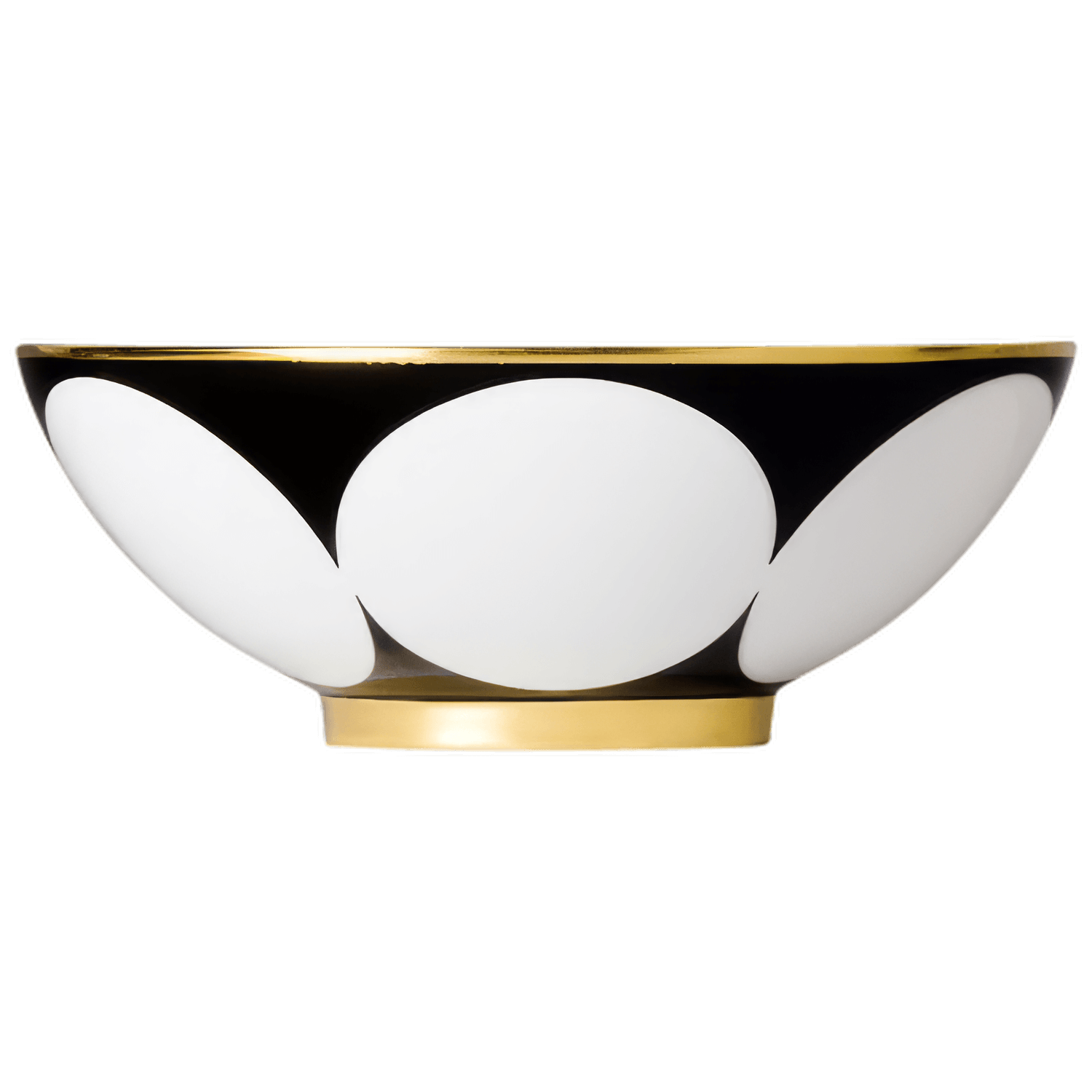 Schwarz-weiße Porzellanschale mit goldener Verzierung, stehend vor schwarzem Hintergrund. Fürstenberg Porzellan.