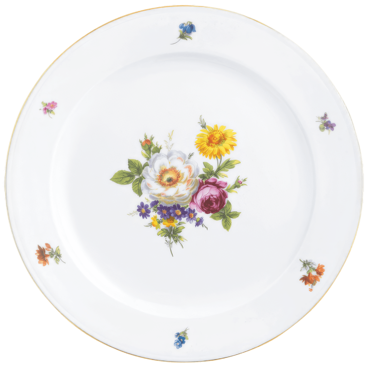 Weiße Porzellanteller dekoriert mit buntem Blumenmuster, zentral und am Rand. Fürstenberg Porzellan.