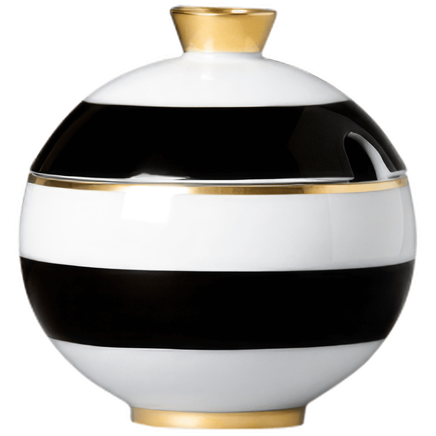 Kugelförmige Vase mit schwarzen Streifen, goldener Akzent, minimalistisch auf schwarzem Hintergrund. Fürstenberg Porzellan.