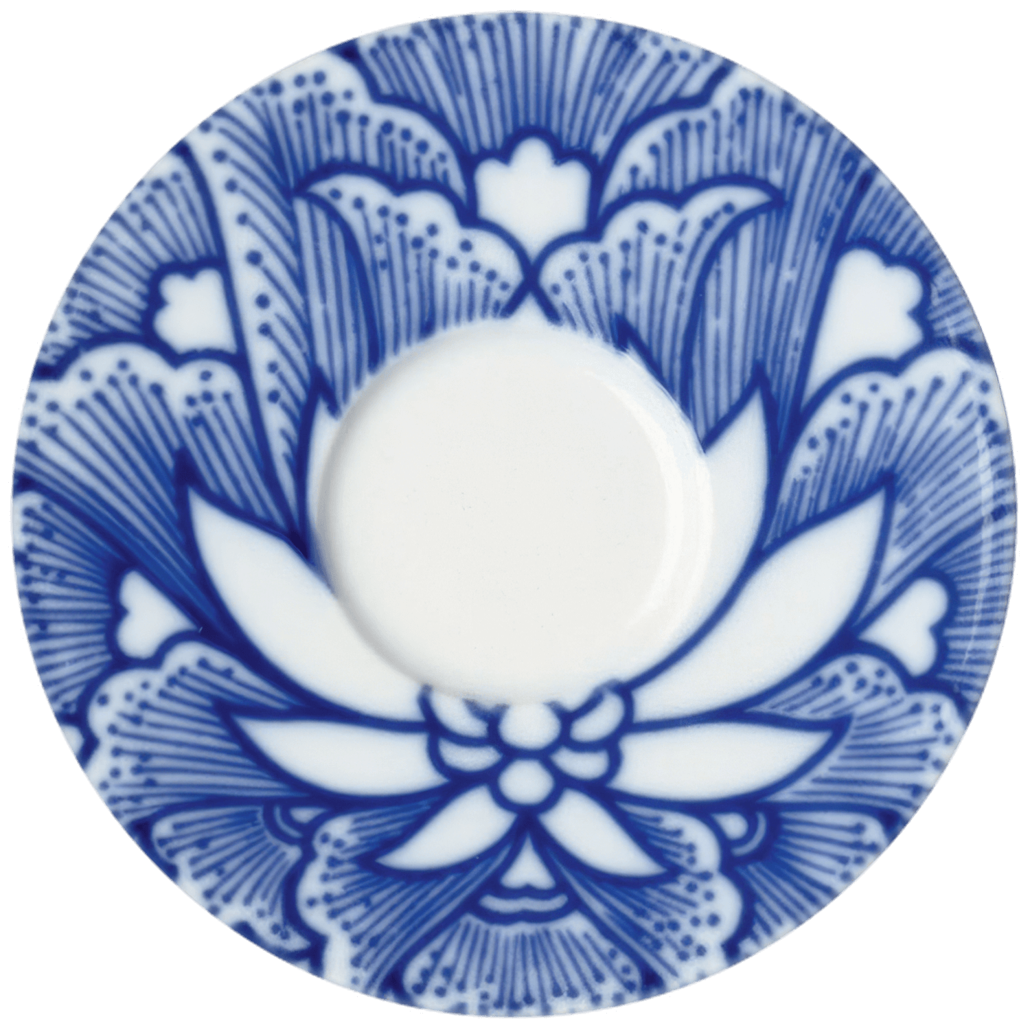 Untertasse mit blauem Blumenmuster auf weißem Grund, frontal präsentiert. Fürstenberg Porzellan.