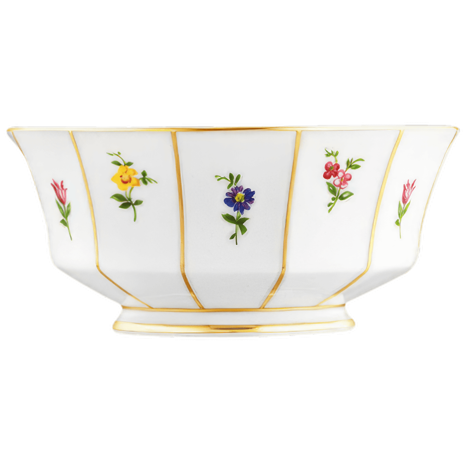 Weiße Porzellanschale mit goldenen Linien und bunten Blumenmotiven, stehend. Fürstenberg Porzellan.