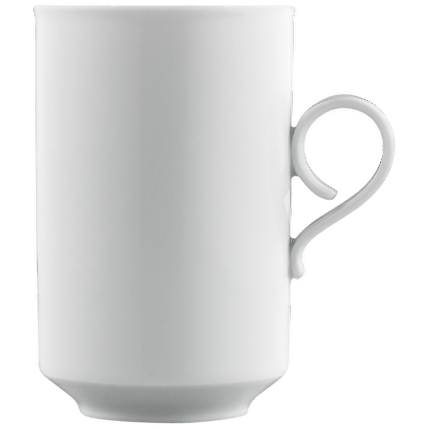 Weiße, zylindrische Porzellantasse mit elegantem Henkel, frontal auf weißem Hintergrund. Fürstenberg Porzellan.