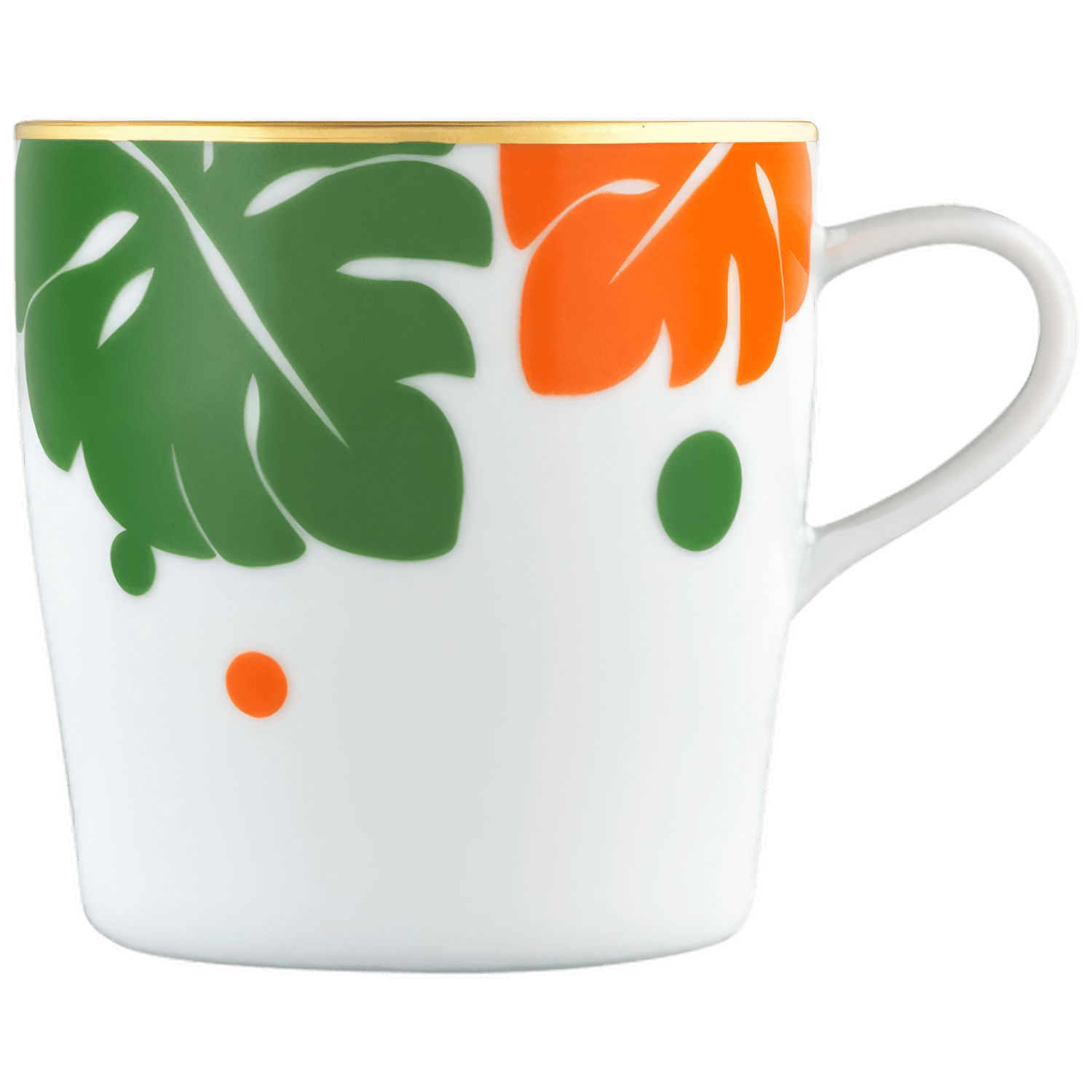 Weiße Tasse mit grünen und orangefarbenen Blättern, goldener Rand, Henkel rechts. Fürstenberg Porzellan.