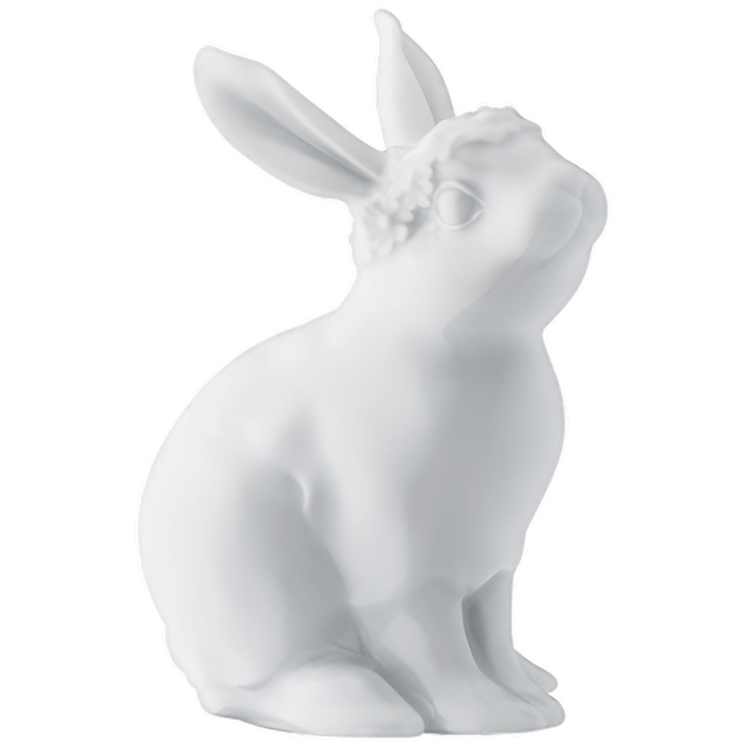 Weiße Porzellanfigur eines sitzenden Hasen, Ohren aufrecht, sanft detailliert. Fürstenberg Porzellan.