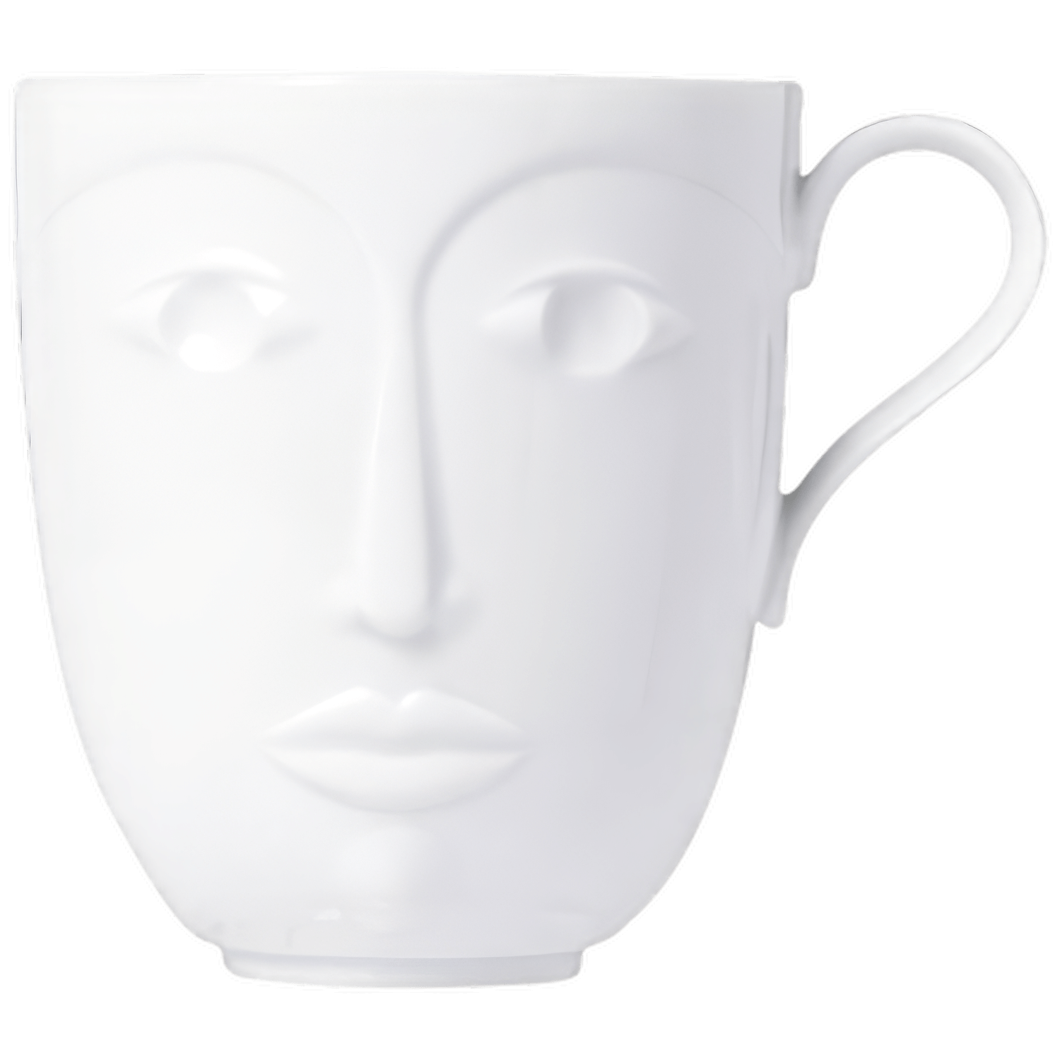 Weiße Tasse mit erhabenem Gesichtsmotiv, steht auf weißem Hintergrund. Fürstenberg Porzellan.