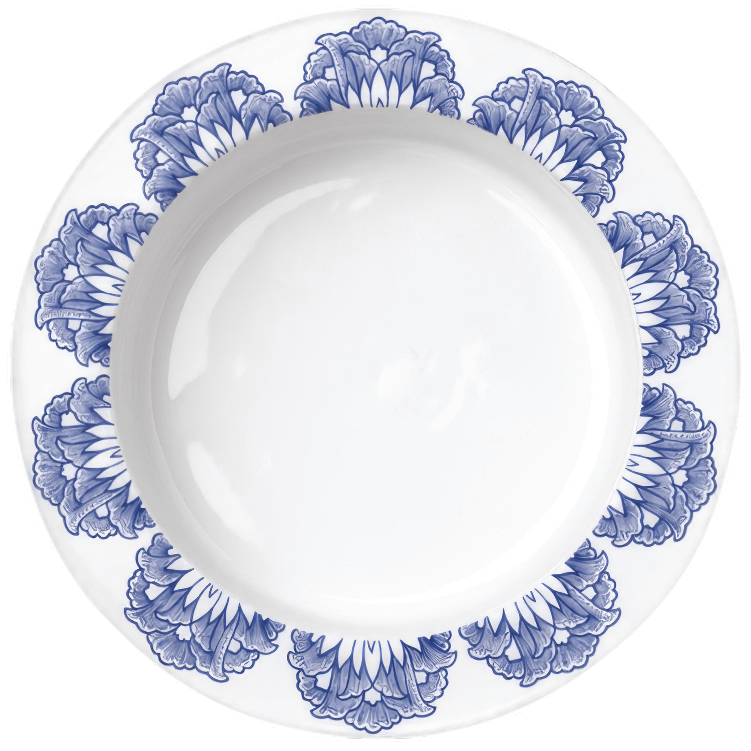 Tiefes Porzellan-Geschirr mit blauem Blumenmuster, dekorativ gestaltet. Fürstenberg Porzellan.