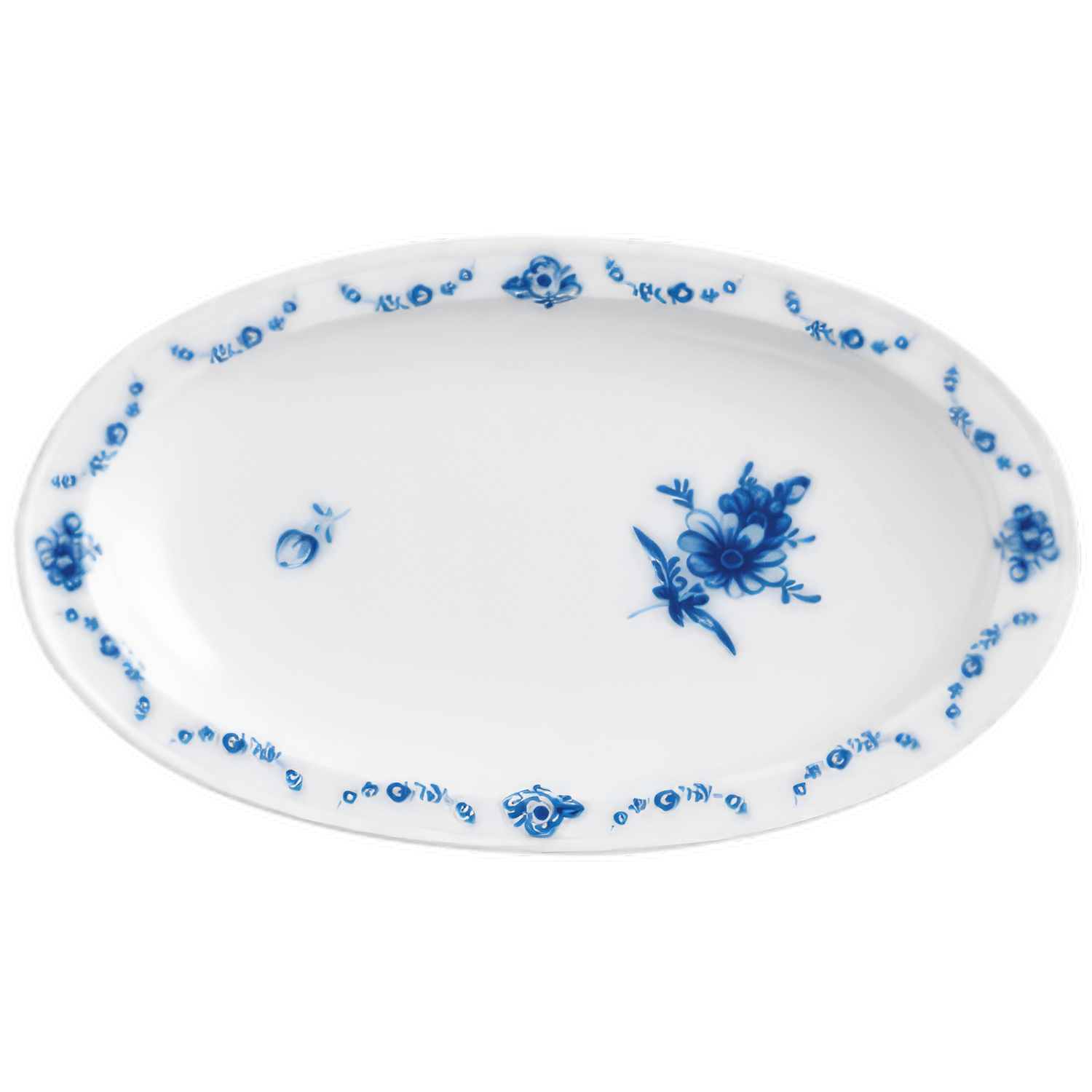 Ovaler Teller, mit blauem Blumendesign verziert, auf weißem Hintergrund. Fürstenberg Porzellan.